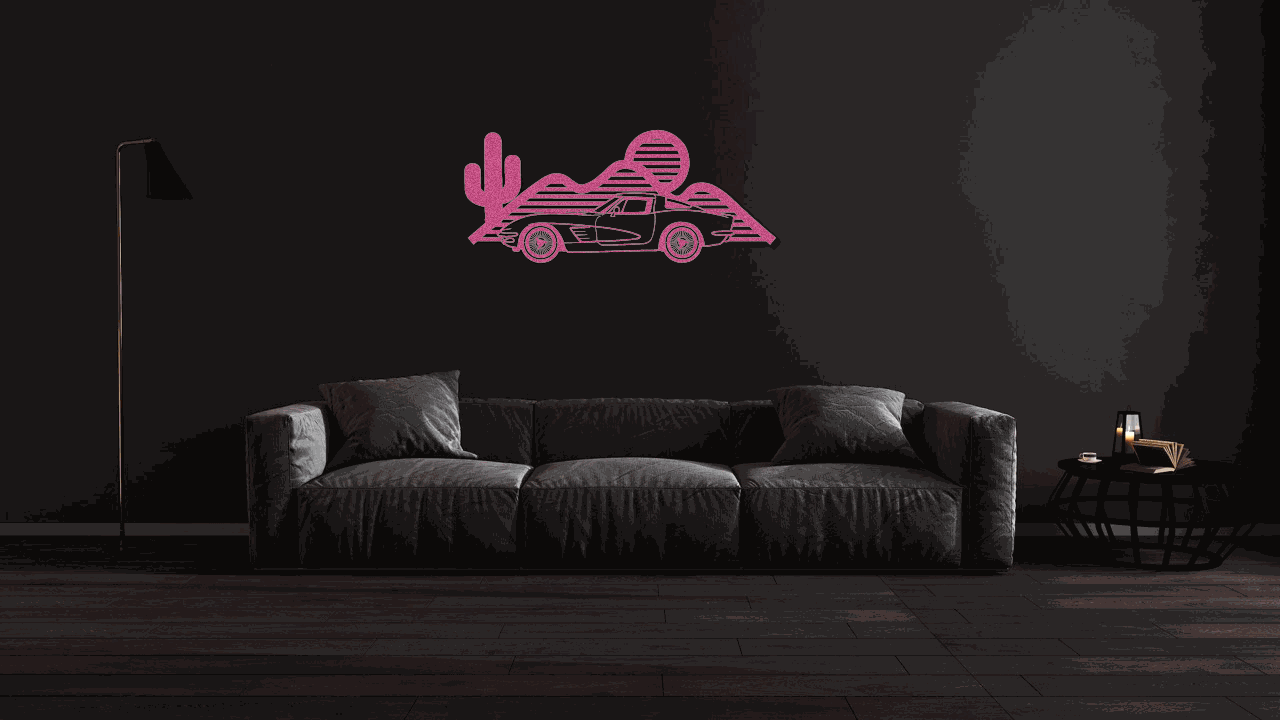 Corvette silhouette metal wall art in pink above sofa in modern living room