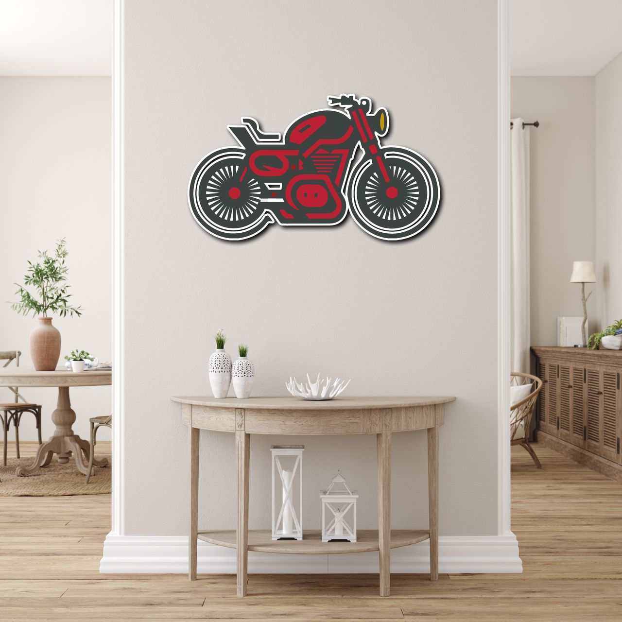 Multicolor Motorcycle Metal Wall Art made of durable 16-gauge steel, displayed above a wooden console table in a modern living room