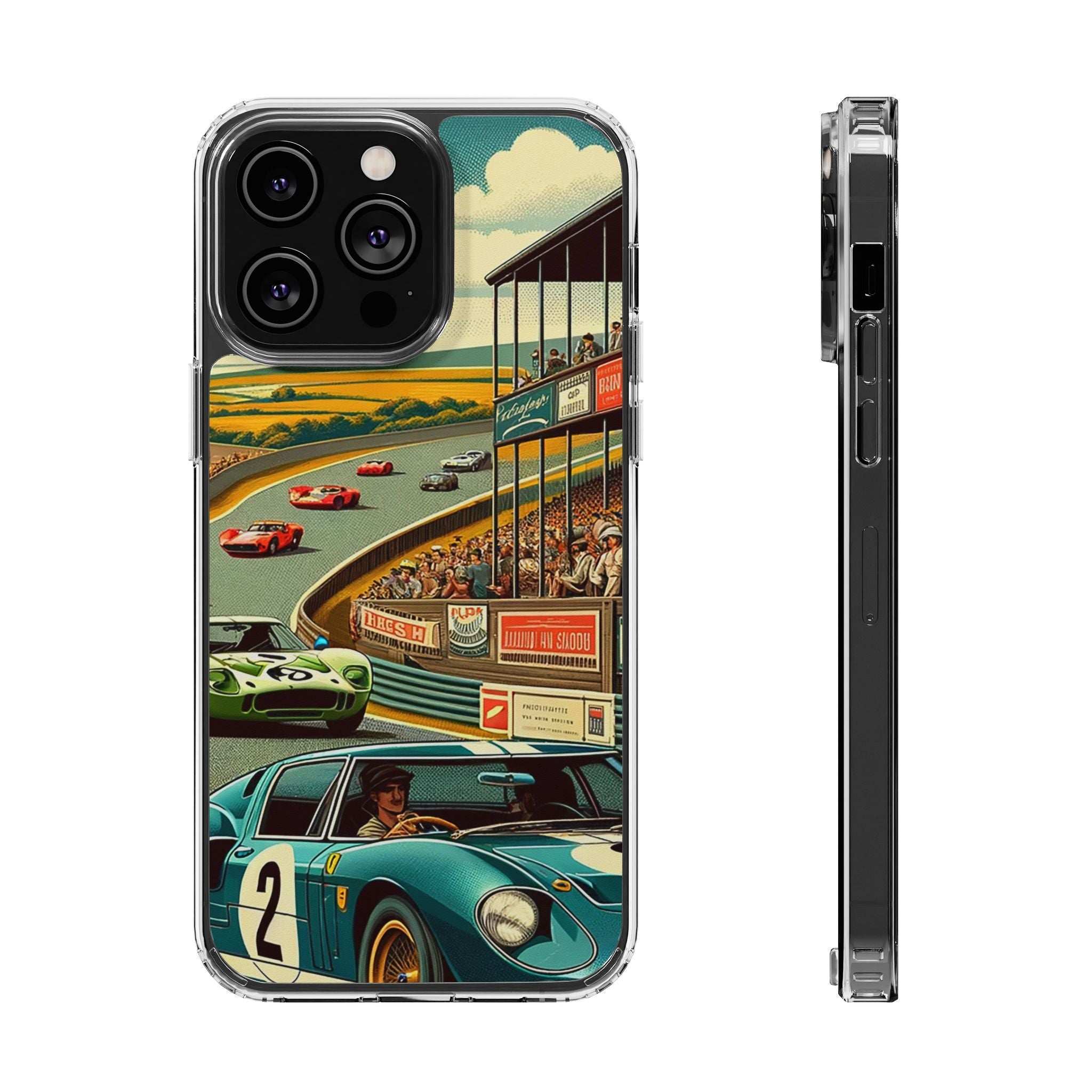 Vintage Grand Prix phone case with retro racetrack and classic car design on clear impact-resistant shell