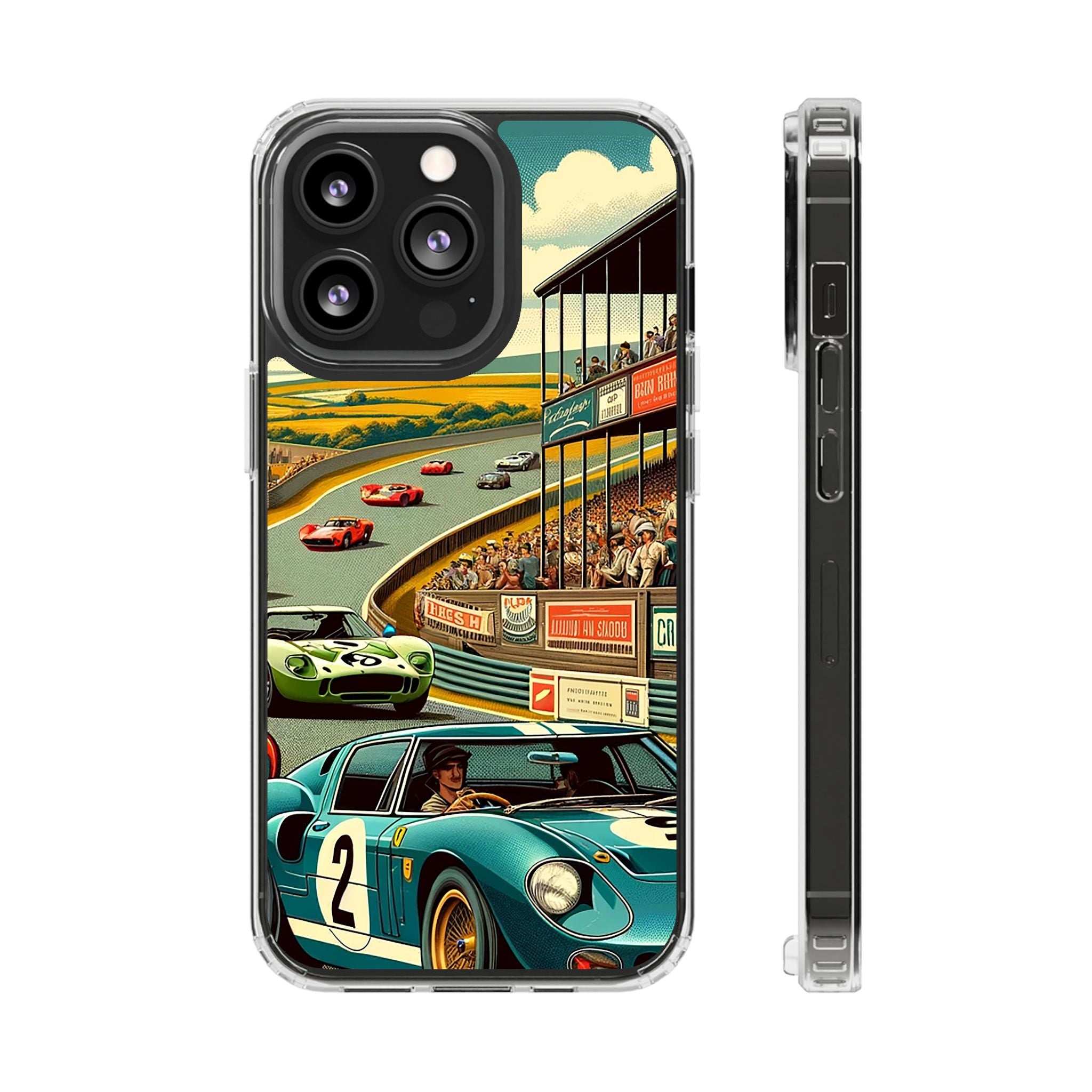 Clear Vintage Grand Prix phone case with retro racetrack and classic race car design
