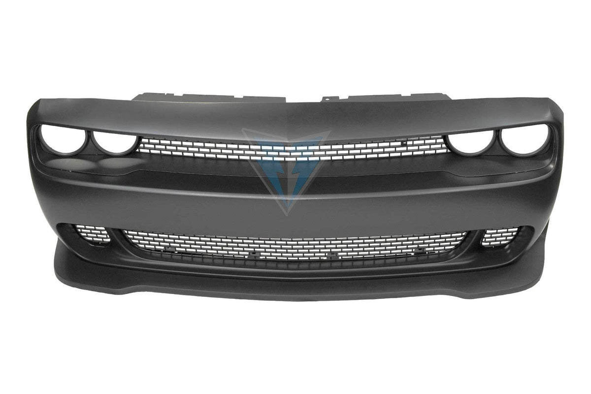 2015-2023 Dodge Challenger SRT Hellcat style front bumper conversion kit on grey Scat Pack Mustang