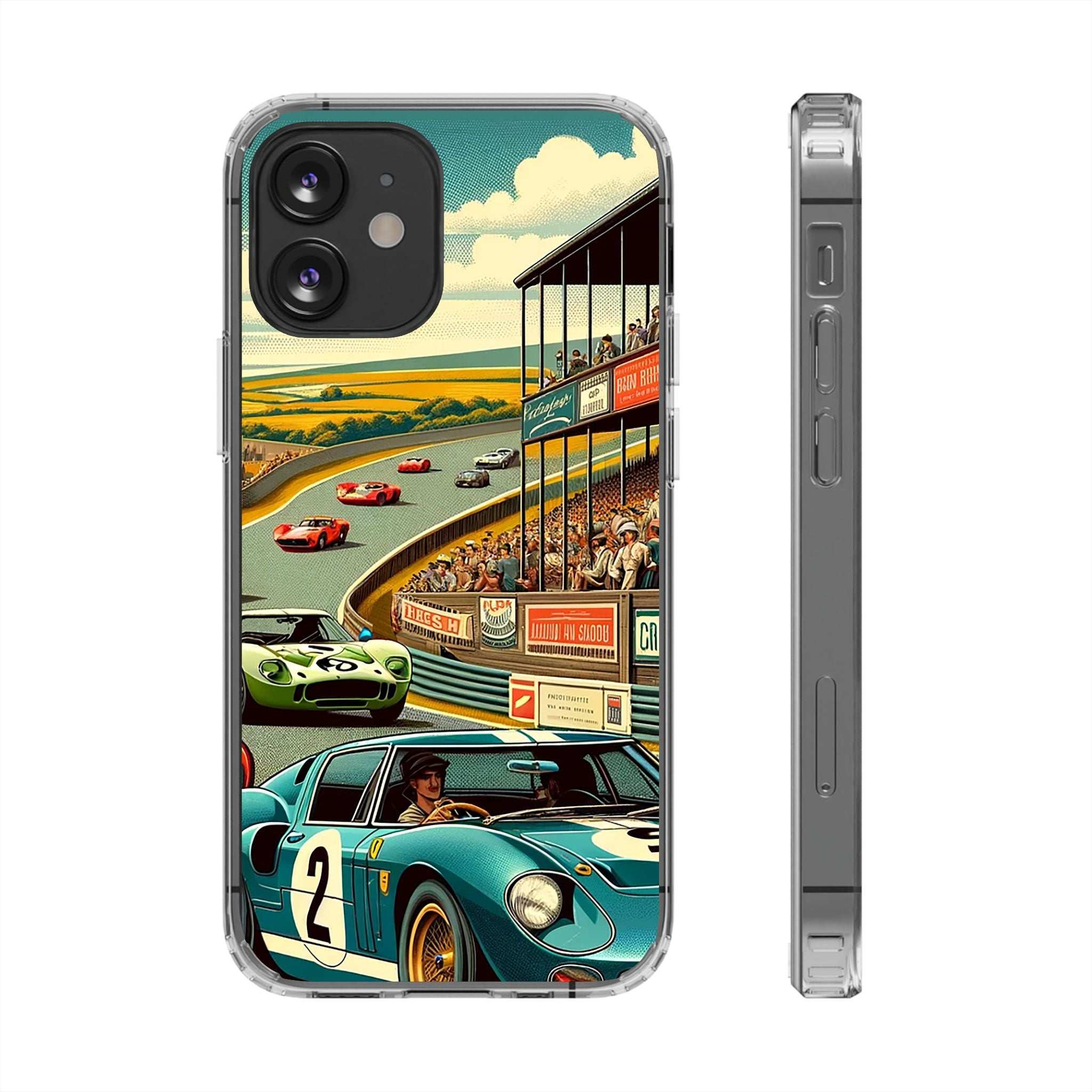 Clear Vintage Grand Prix phone case with retro racetrack and classic racecar design, impact-resistant and MagSafe compatible