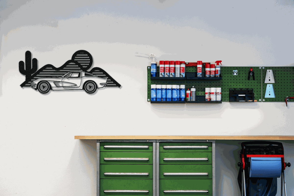 Corvette silhouette wall art laser-cut steel metal decor in multiple colors and sizes for garages and gifts