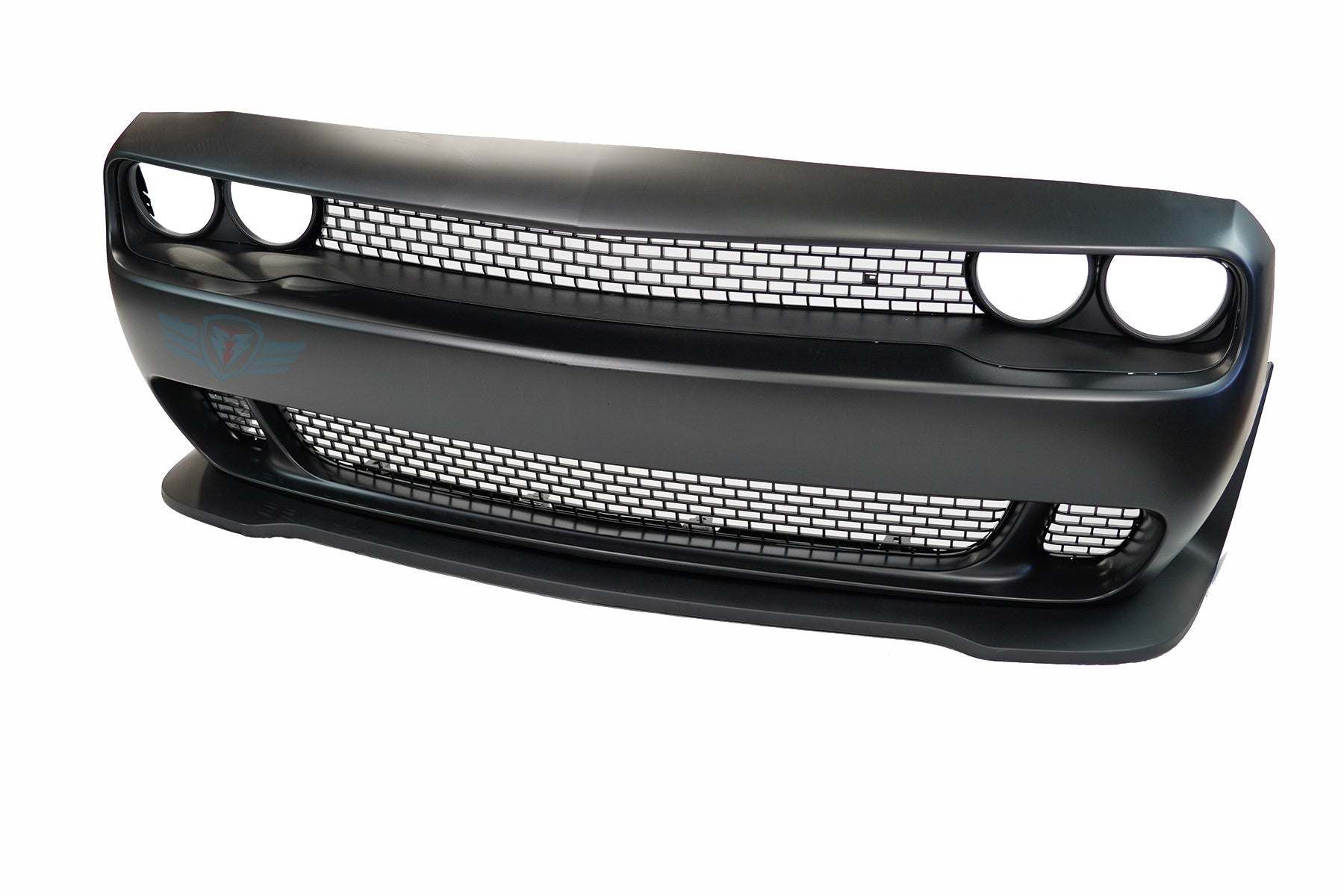 2015-2023 Dodge Challenger SRT Hellcat style front bumper conversion kit installed on grey Scat Pack model