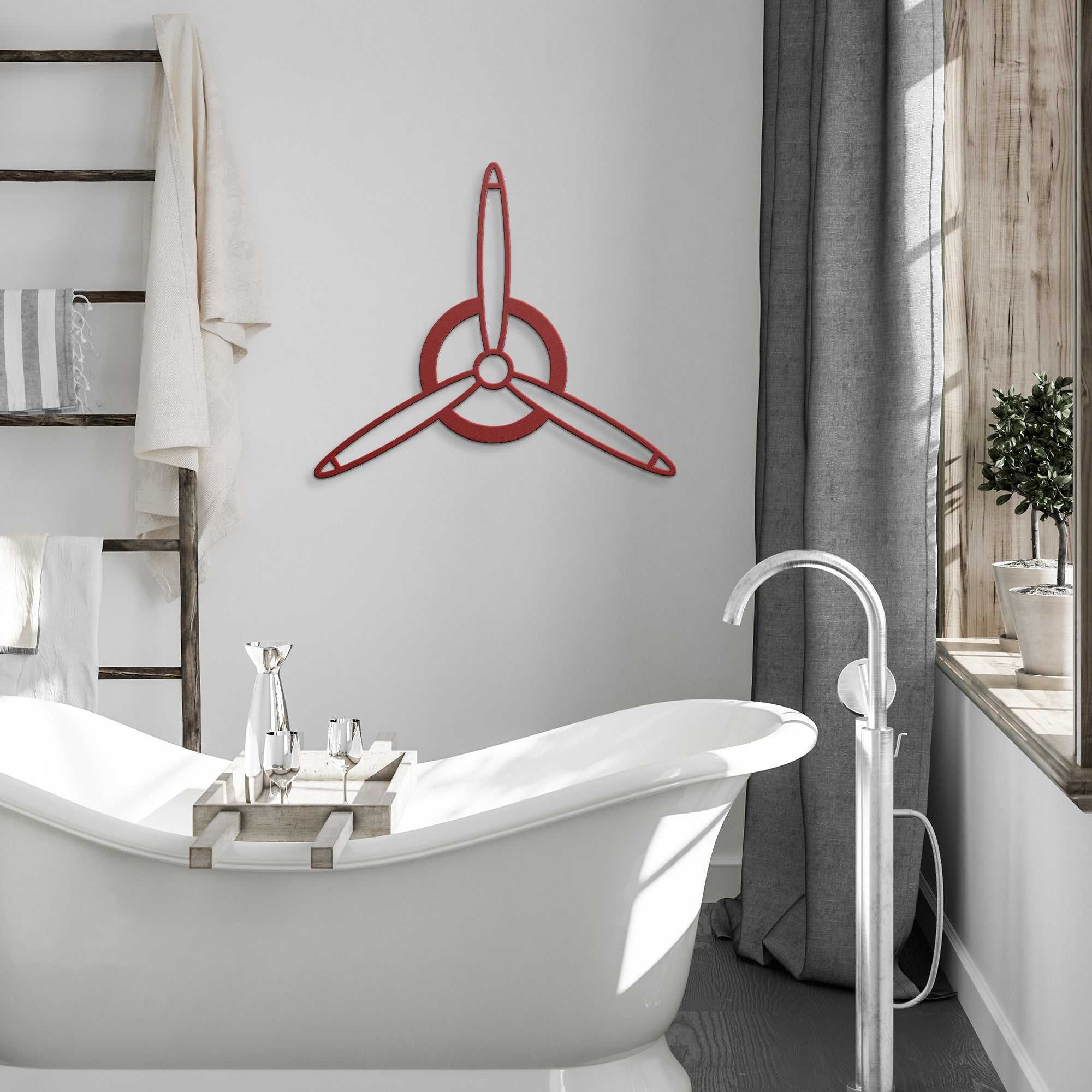 Elegant Metal Sign red 3-blade propeller wall decor in modern bathroom