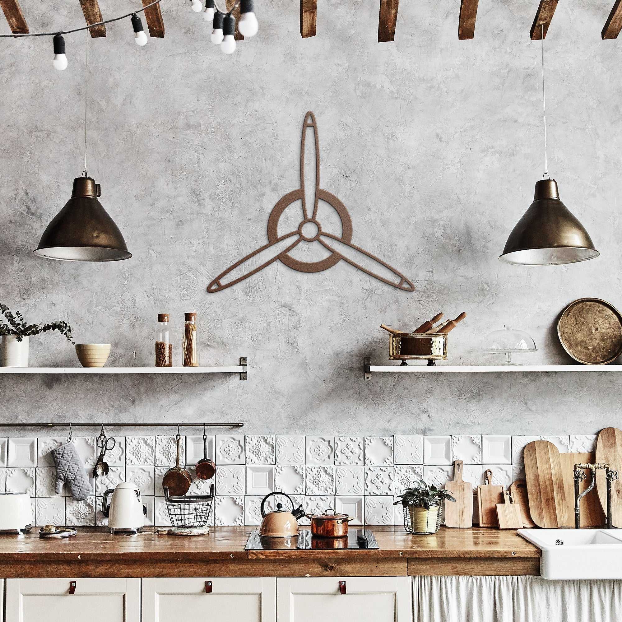 elegant metal sign 3-blade prop design powder-coated steel wall decor in modern kitchen