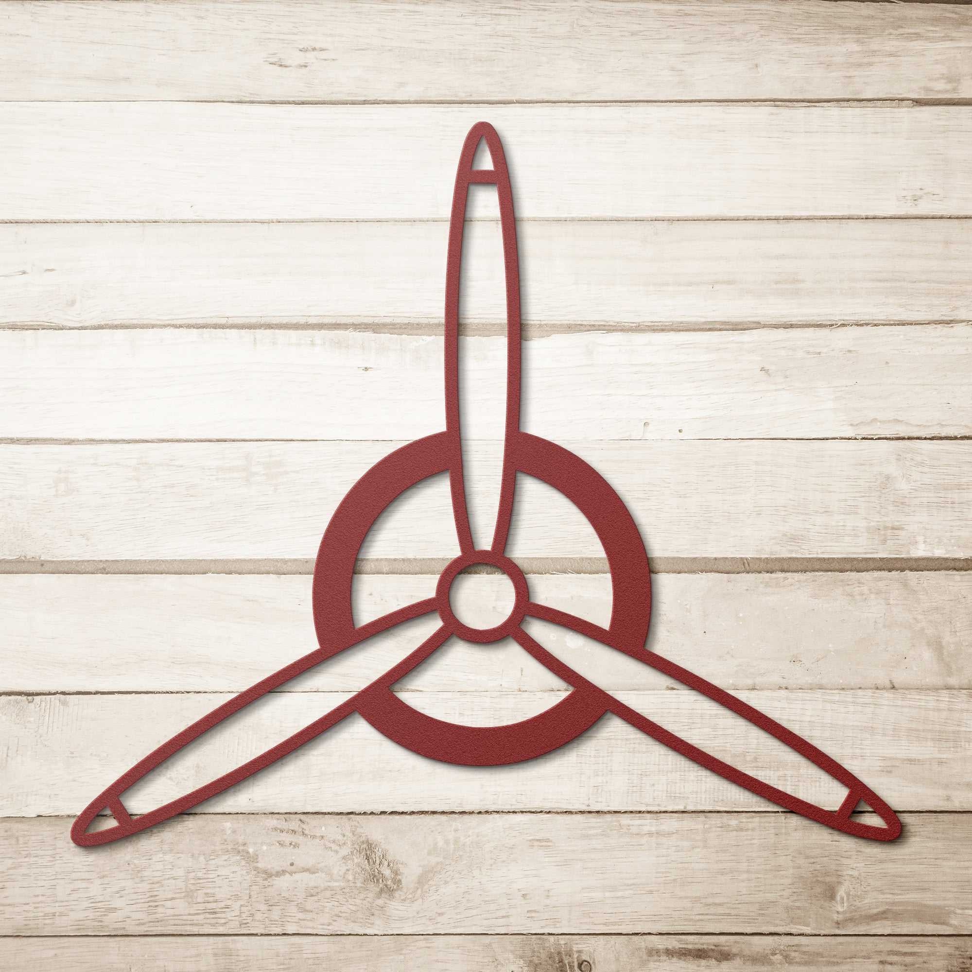 Elegant metal sign with red 3-blade propeller design, powder-coated steel wall decor