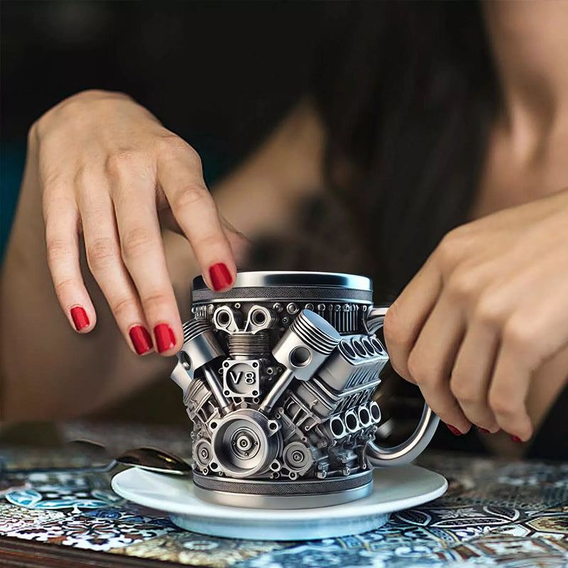 3D engine stainless steel mug designed Stainless Steel Mug. Ideal for coffee/beer, a fun home & office drinking accessory. - Prop and Piston