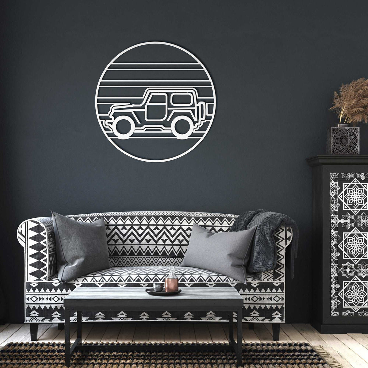 4x4 sunset metal wall art made of powder-coated steel with desert glow design for garage or outdoor decor