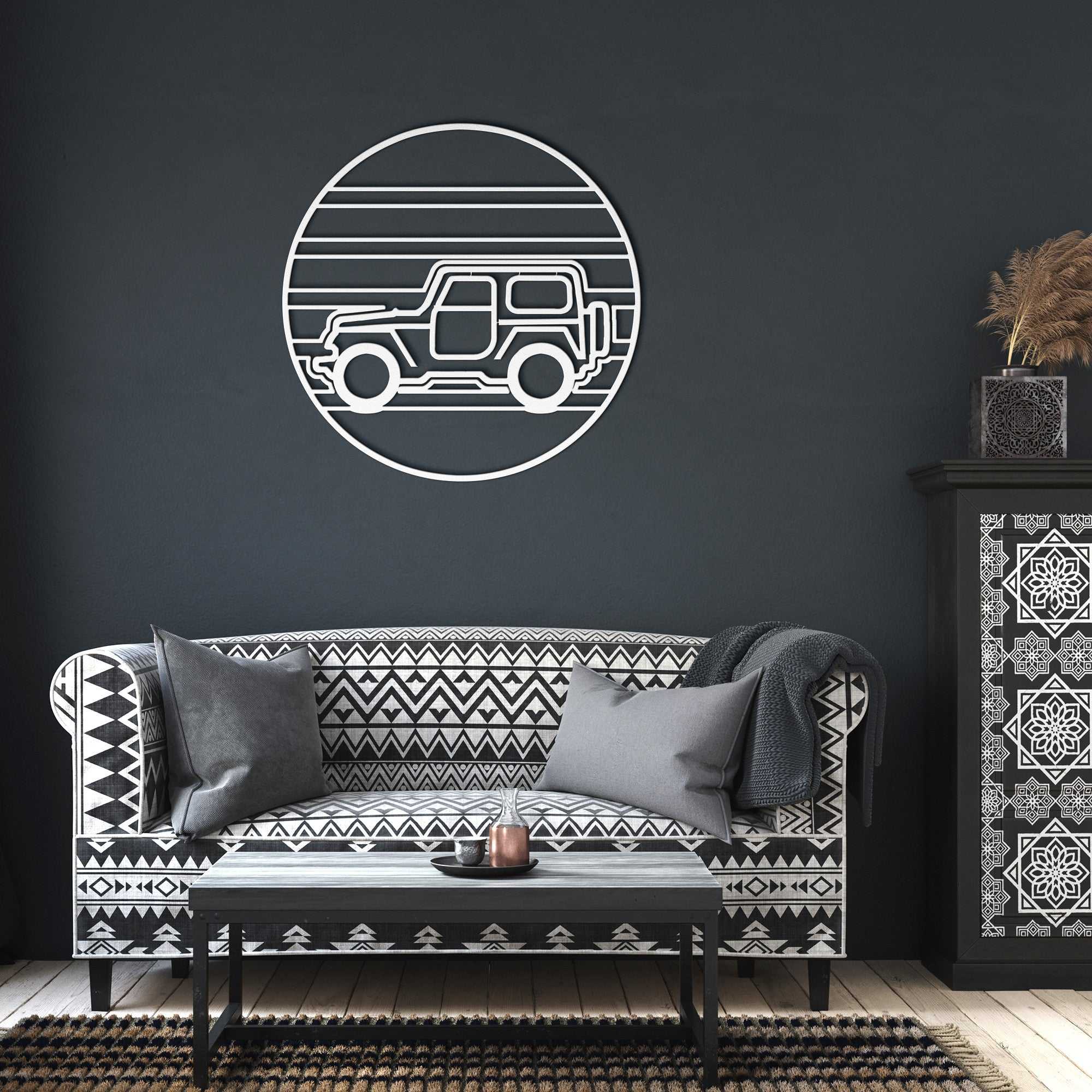 4x4 sunset metal wall art made of powder-coated steel with desert glow design for garage or outdoor decor