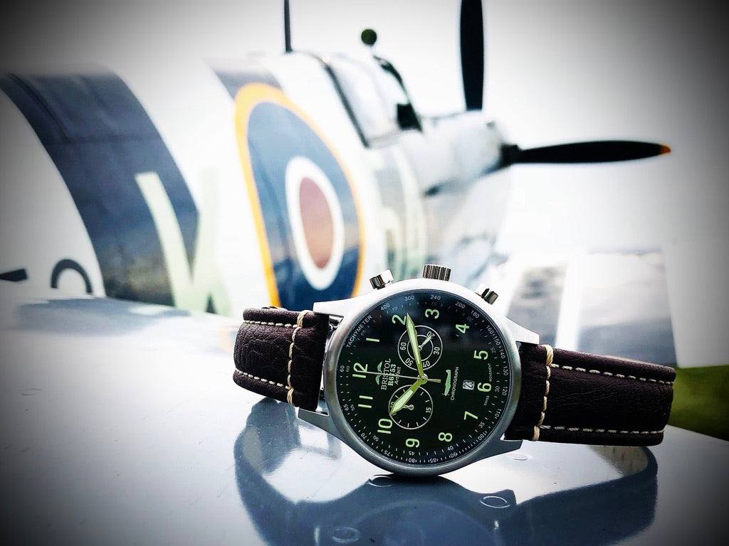 Spitfire R6753 Tribute watch with stainless steel brush finish and brown leather band