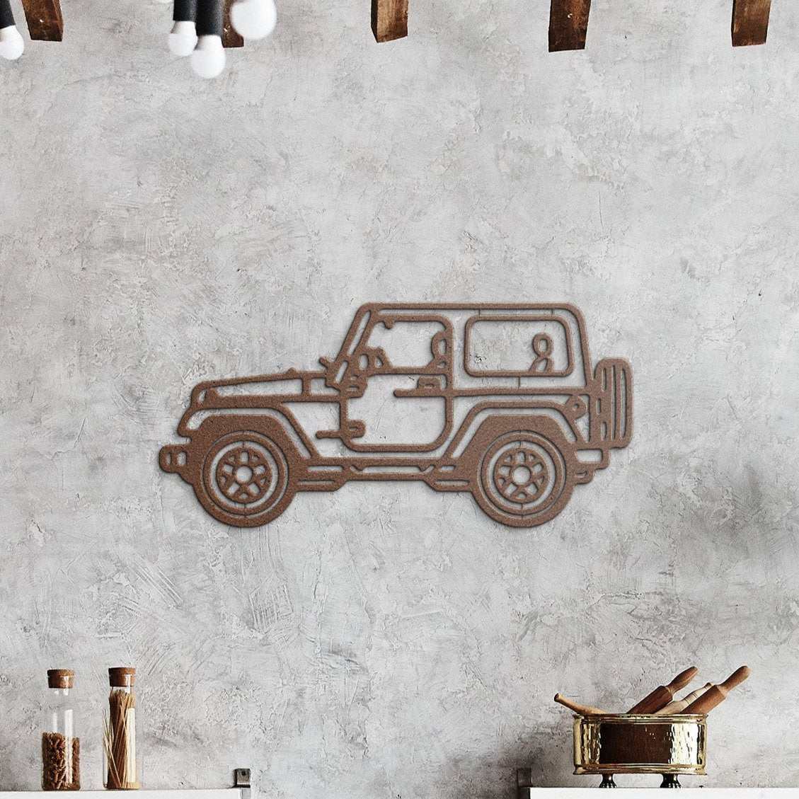 4x4 off road metal wall art in rustic brown powder-coated steel mounted on textured gray wall