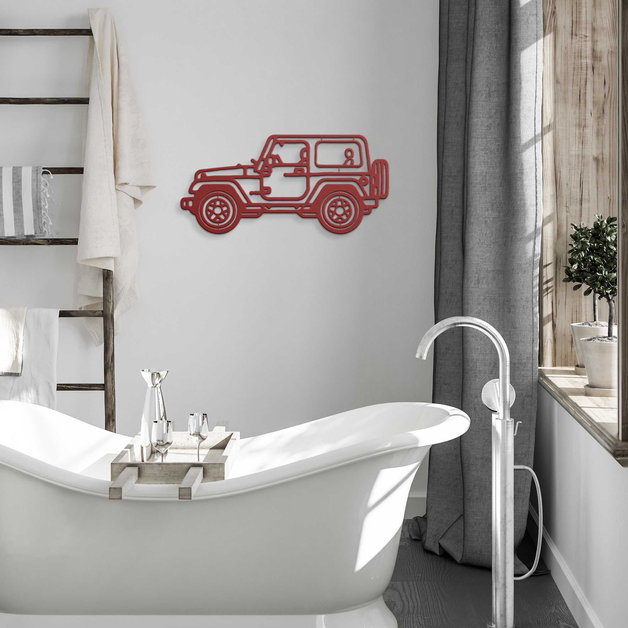 4x4 off road red metal wall art sign in modern bathroom