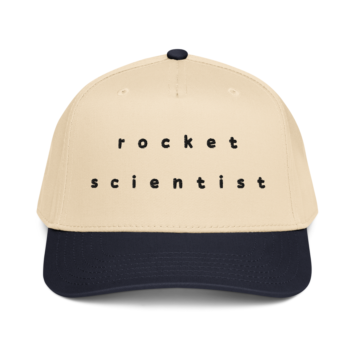 Rocket Scientist Aviation Hat featuring a beige and navy design with 'rocket scientist' text on the front.