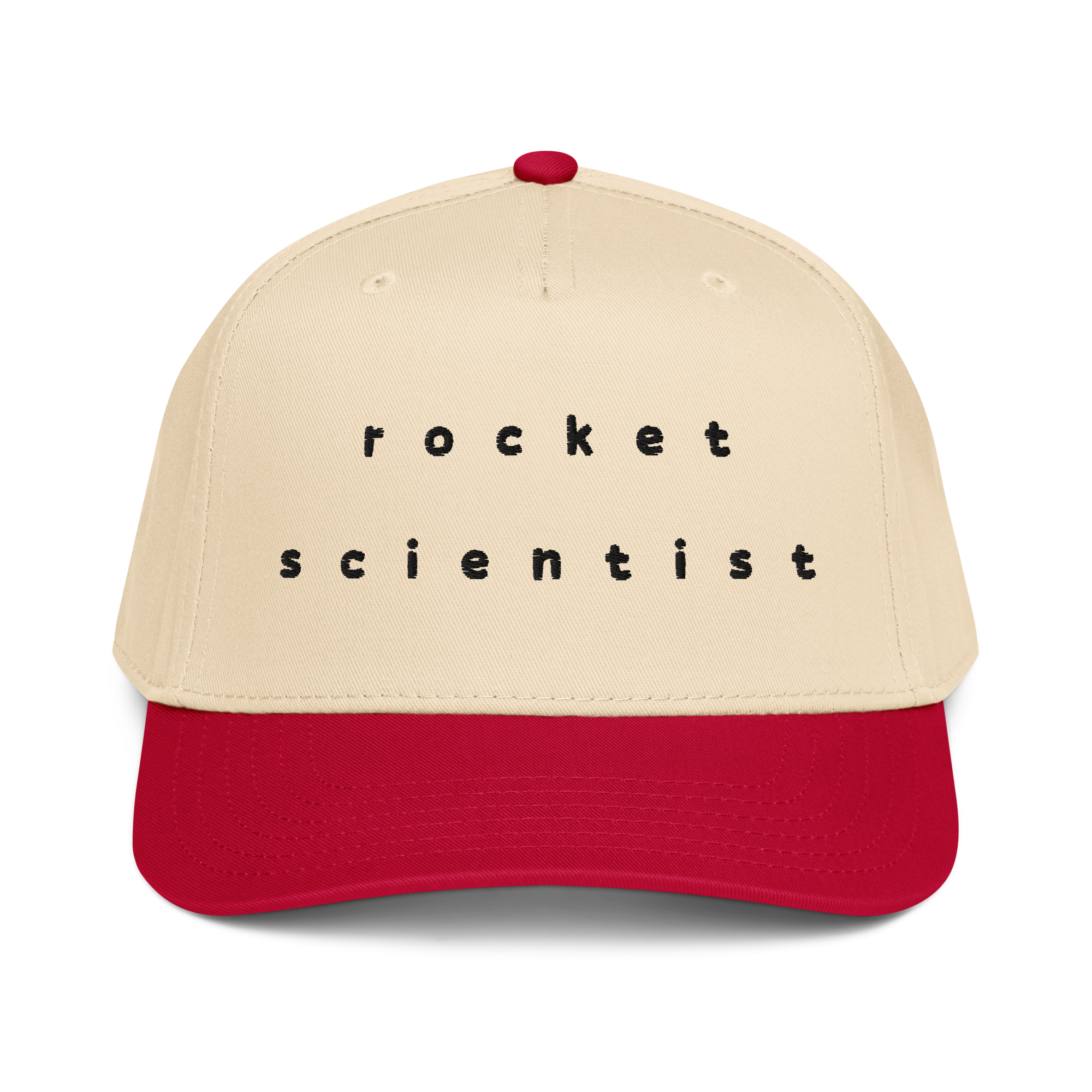Rocket Scientist Aviation Hat featuring bold text design on a beige and red 5 panel cap.