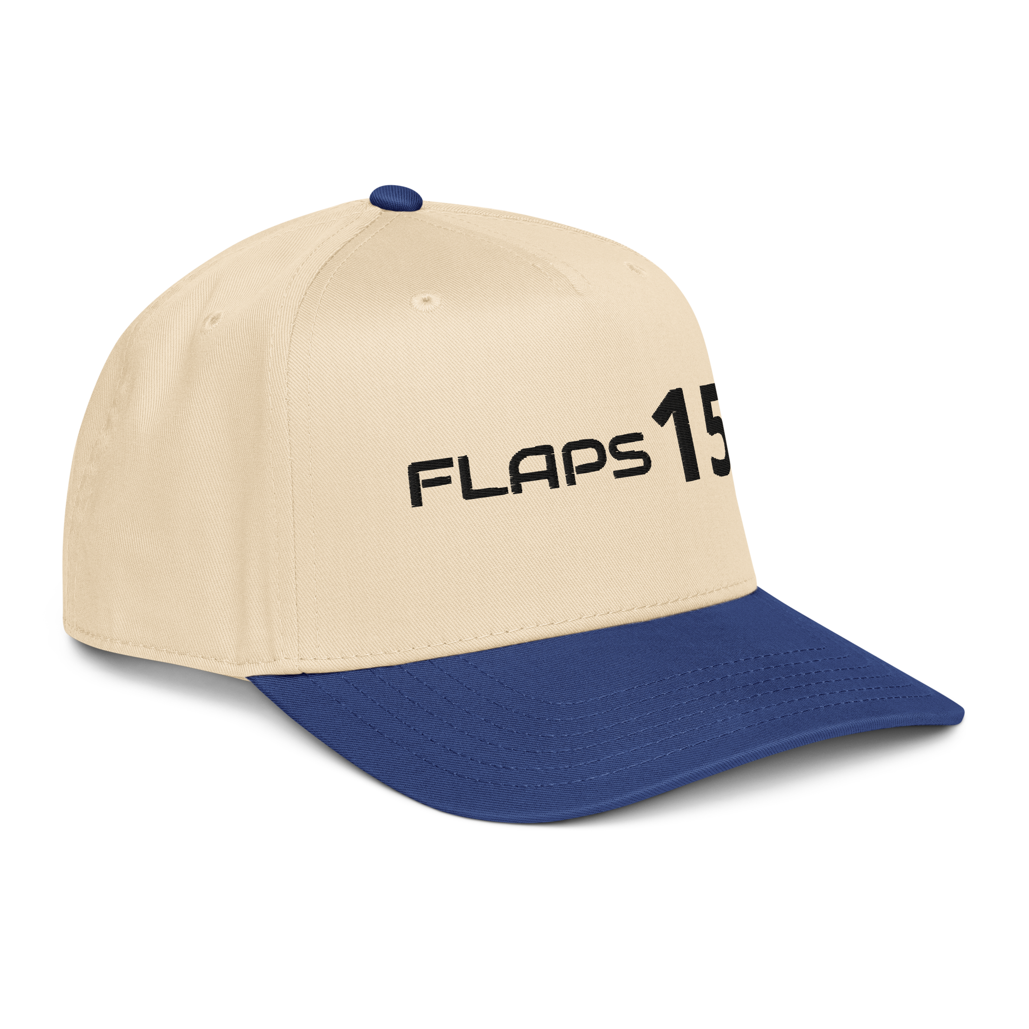 5 panel aviation hat in beige and navy with FLAPS 15 design, showcasing structured front and adjustable fit.