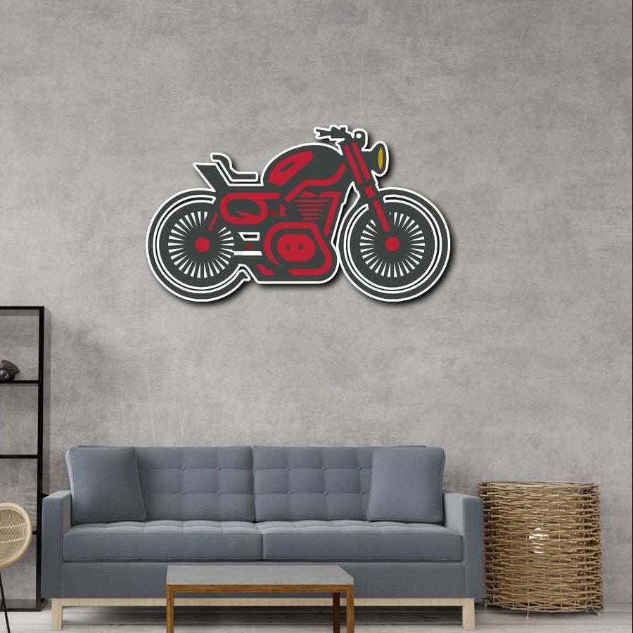 Red and black motorcycle metal wall art mounted above a gray sofa in a modern living room
