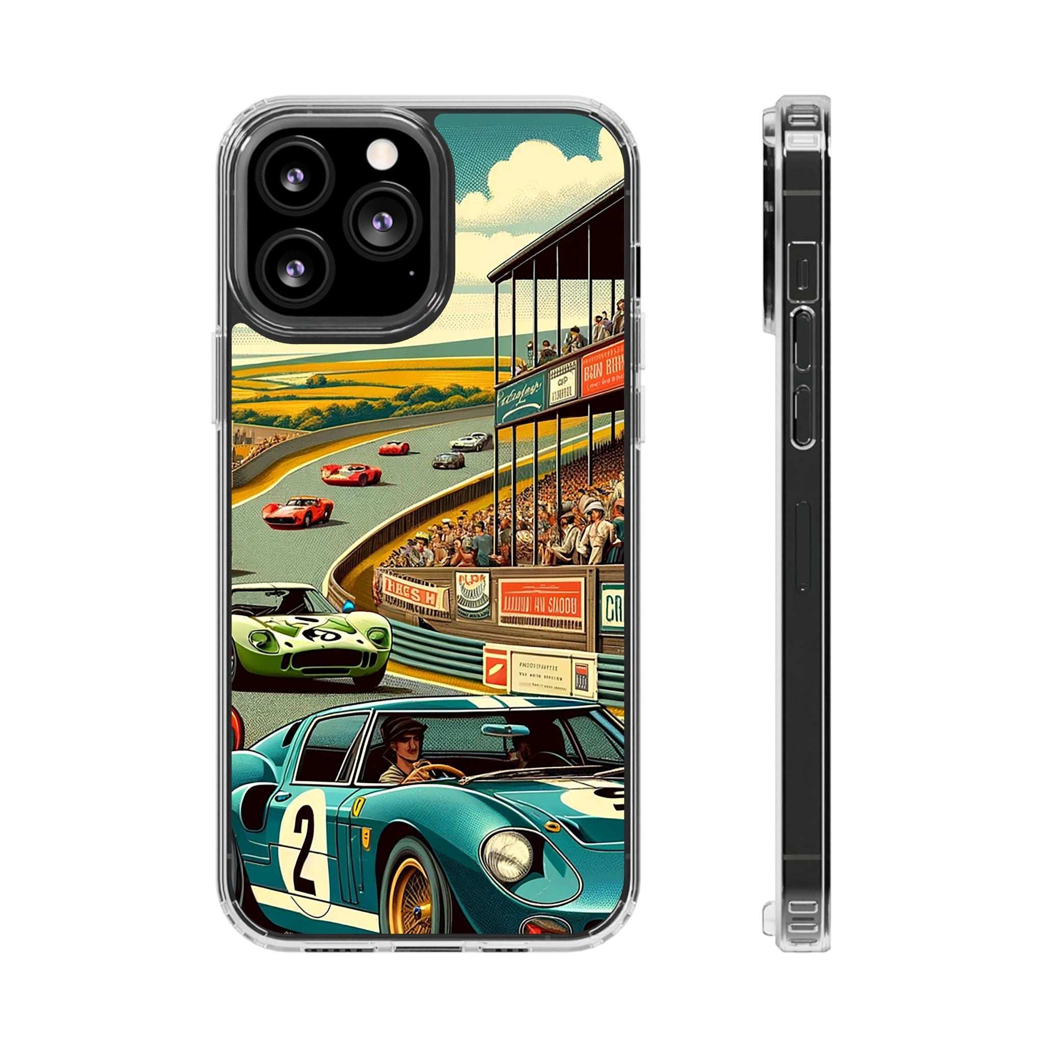 Clear Vintage Grand Prix phone case with retro racetrack and classic car design on slim impact-resistant shell