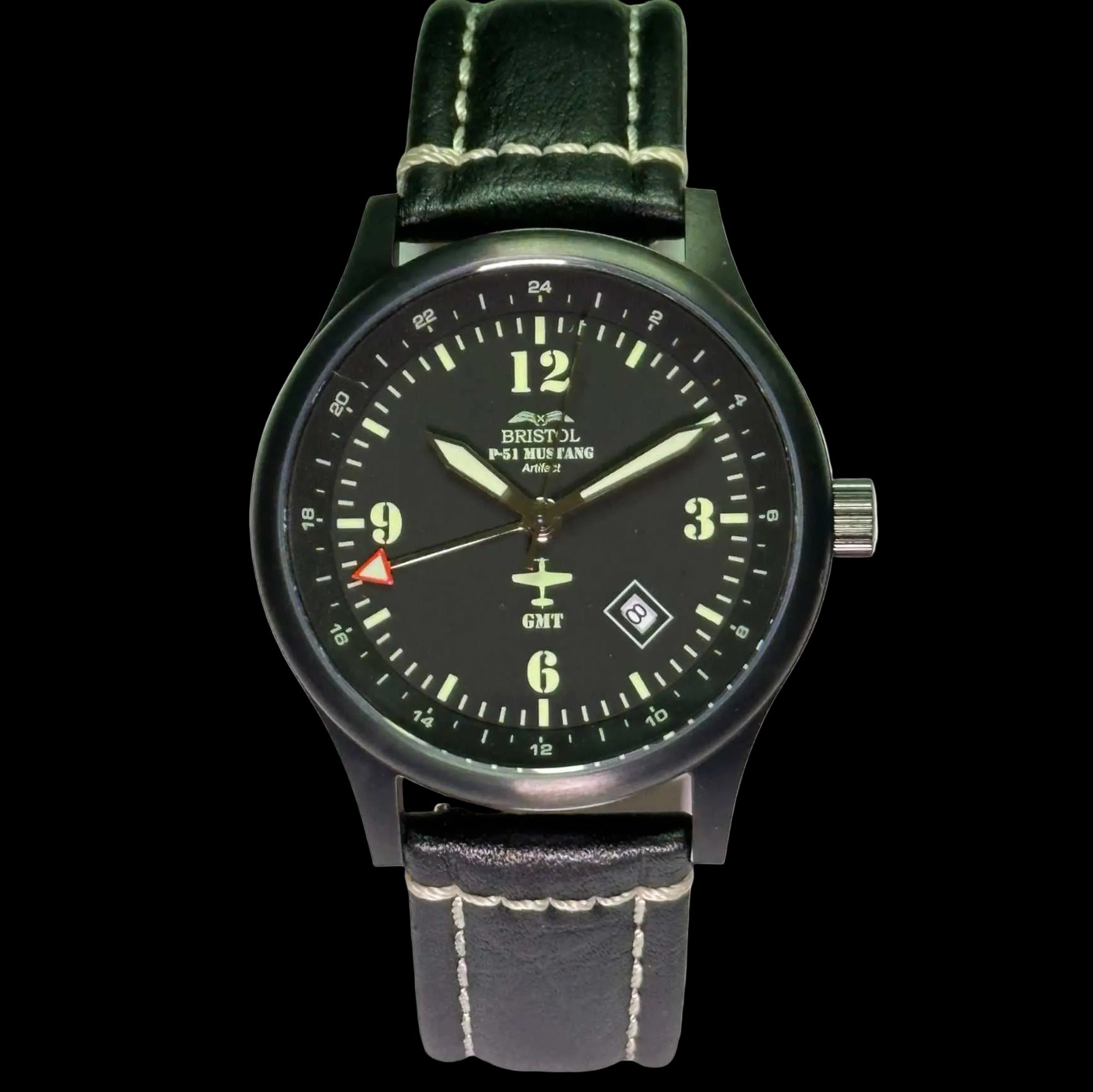 P-51 Mustang tribute watch with black dial, black leather band, Swiss quartz GMT movement, and scratch-resistant sapphire crystal.