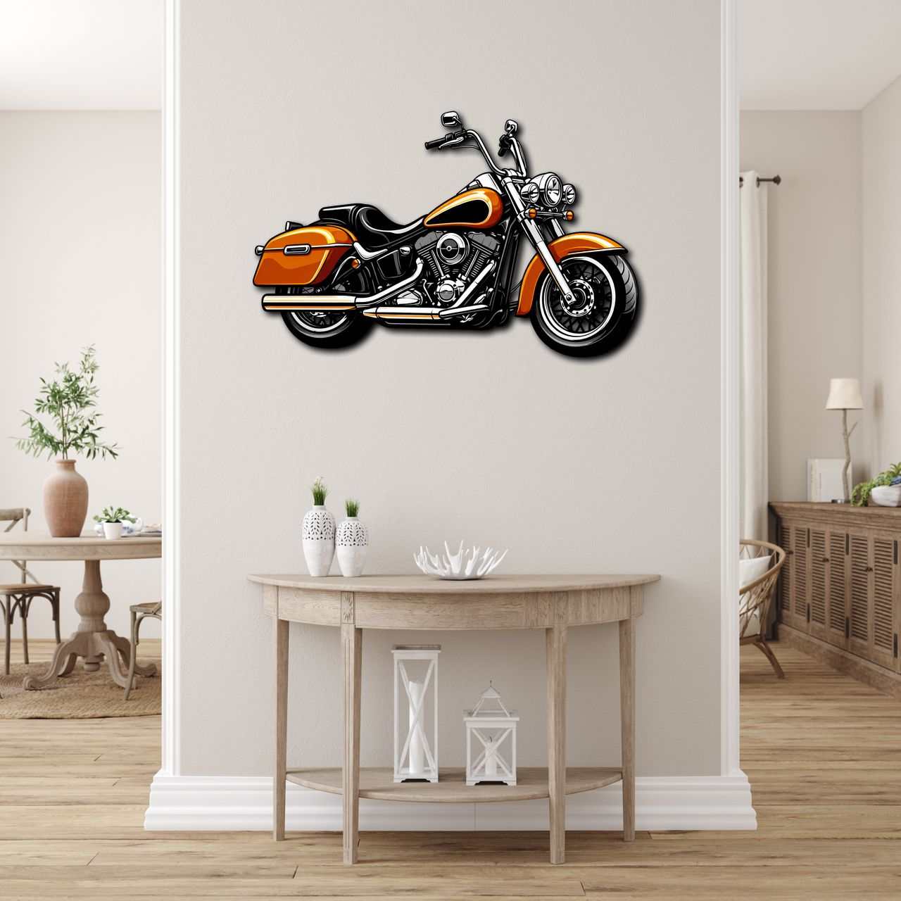 Orange and black motorcycle metal wall art mounted on indoor beige wall above wooden console table with decorative items