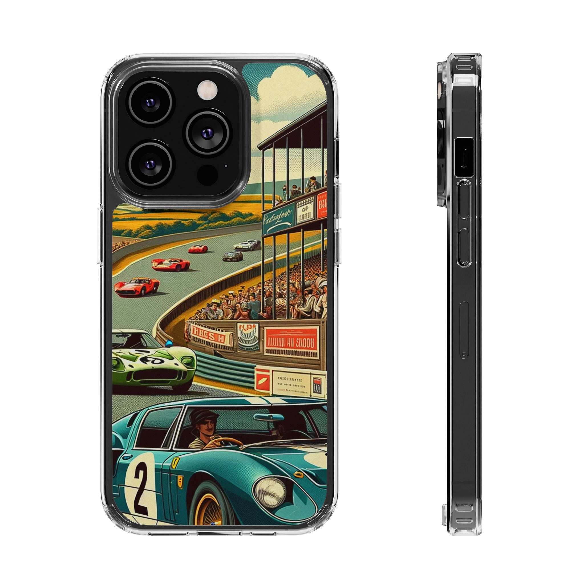 Clear Vintage Grand Prix phone case with retro racetrack and classic car design for iPhone