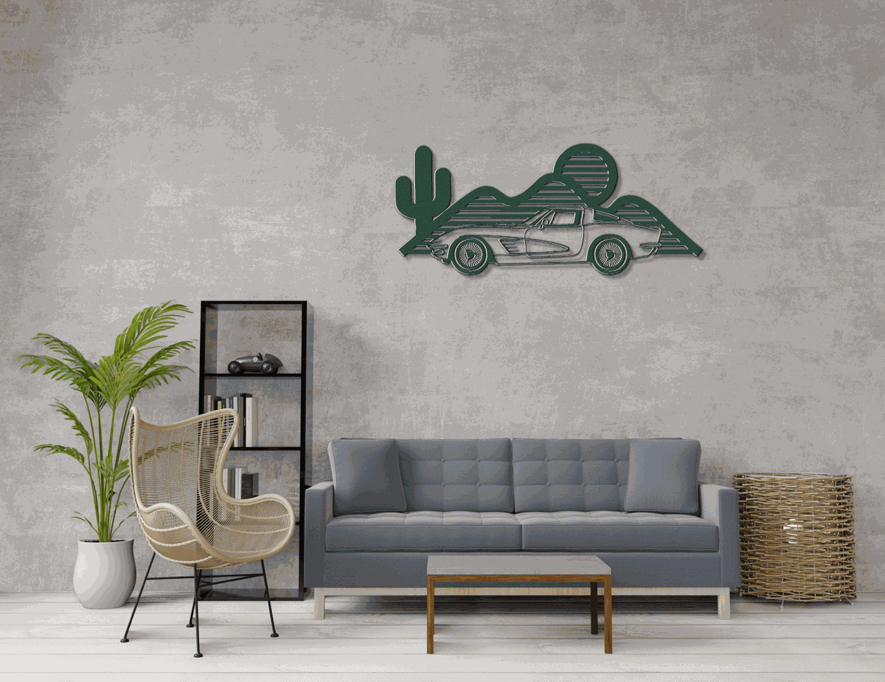 Laser-cut Corvette silhouette wall art in powder-coated steel, perfect for garages and man caves