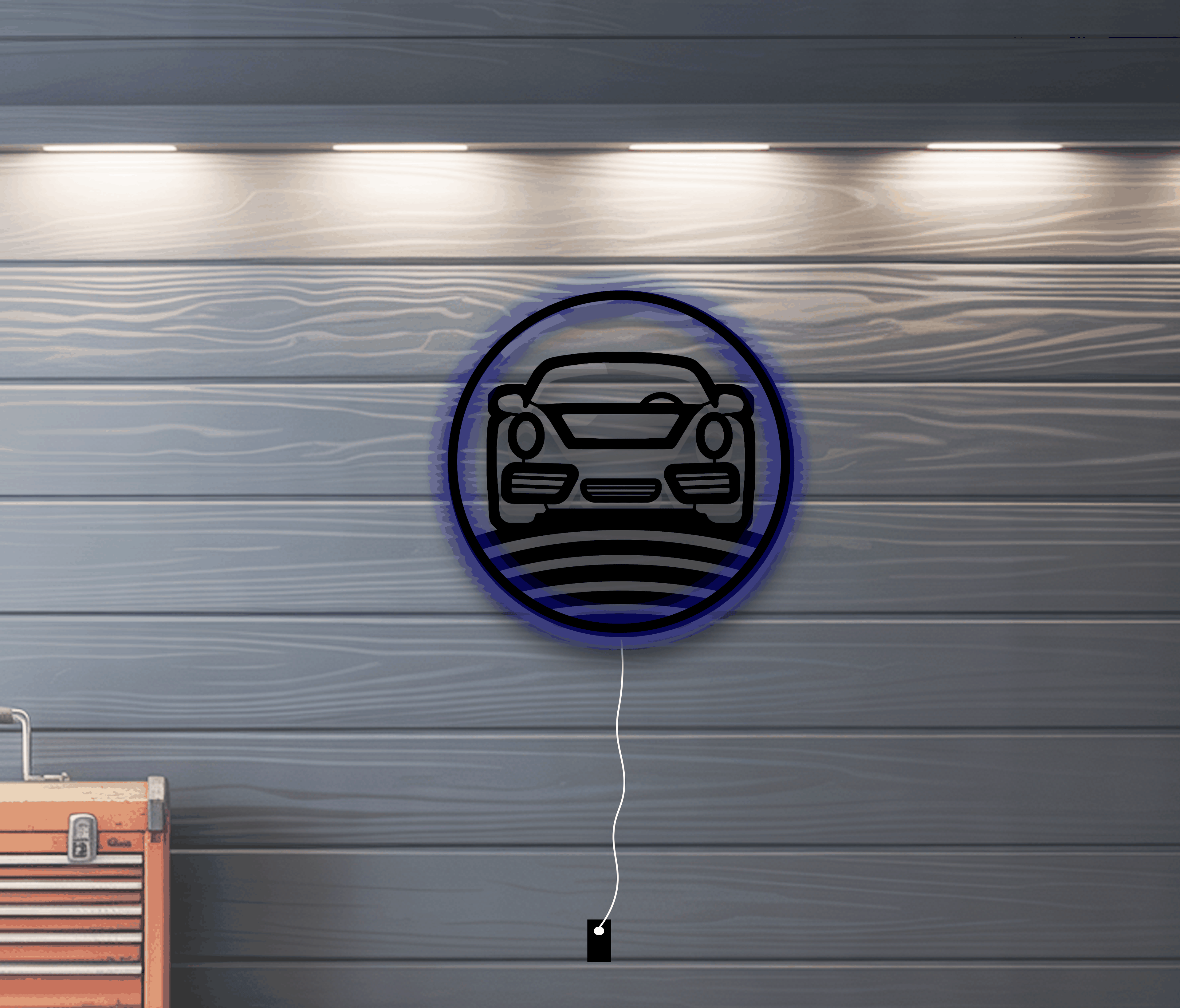 Nine Eleven metal wall art with LED backlight showcasing a Porsche 911 front design in black metal mounted on a gray wall with ambient blue LED glow.