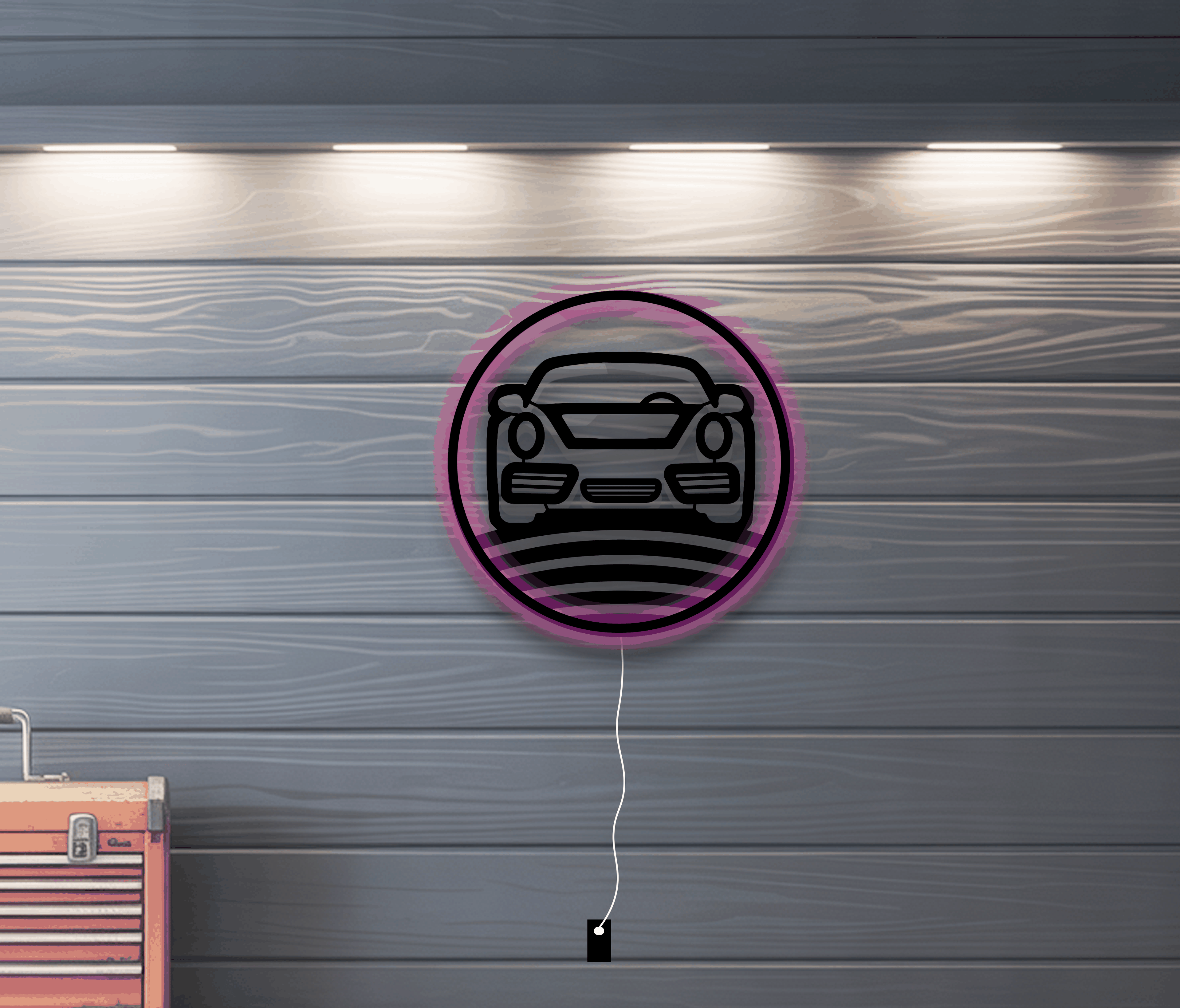 Nine Eleven metal wall art with LED backlight featuring Porsche 911 front design on a floating black metal panel for modern automotive decor.