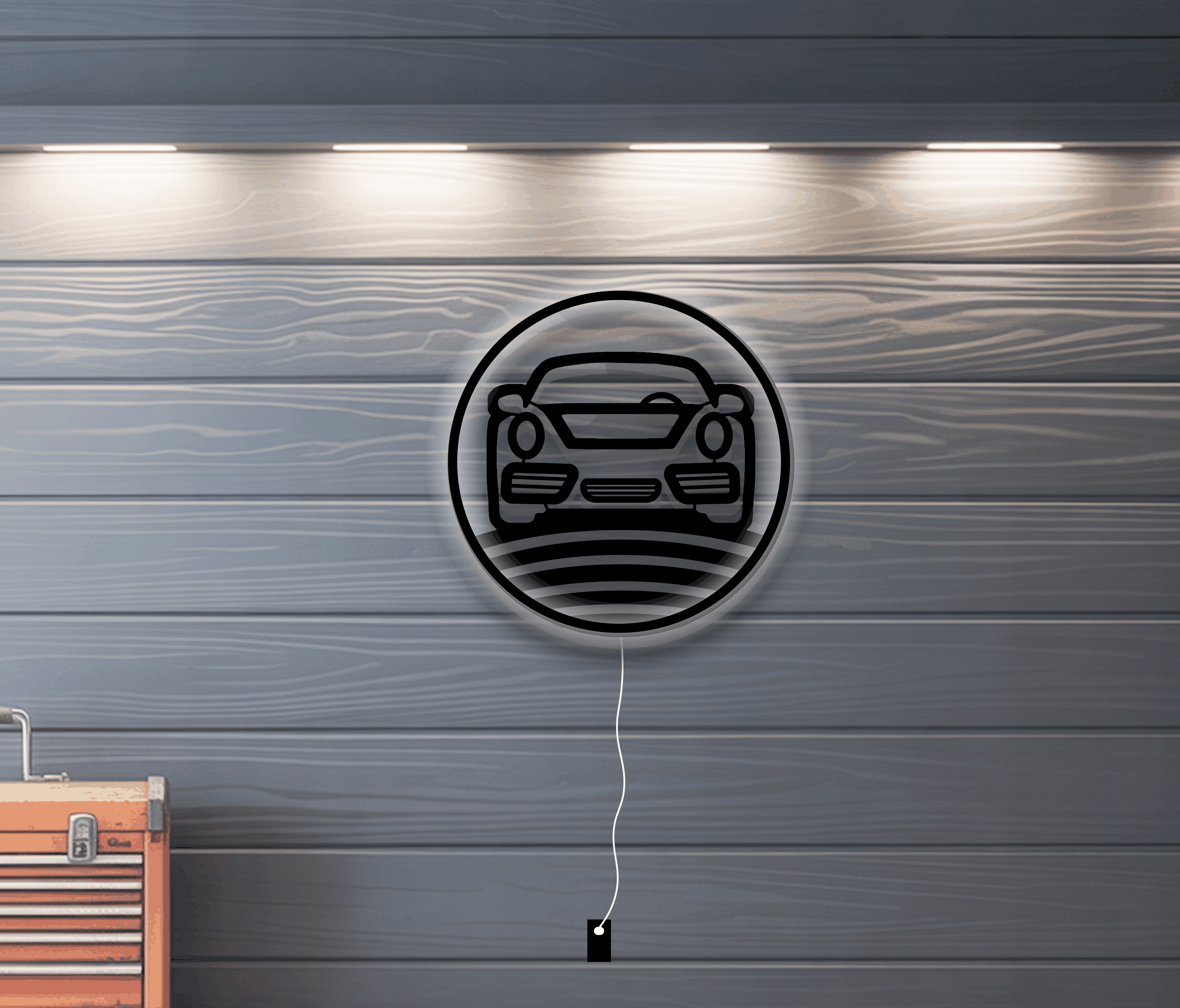 Nine Eleven metal wall art featuring a laser-cut Porsche 911 front design with LED backlight mounted on a textured gray wall.