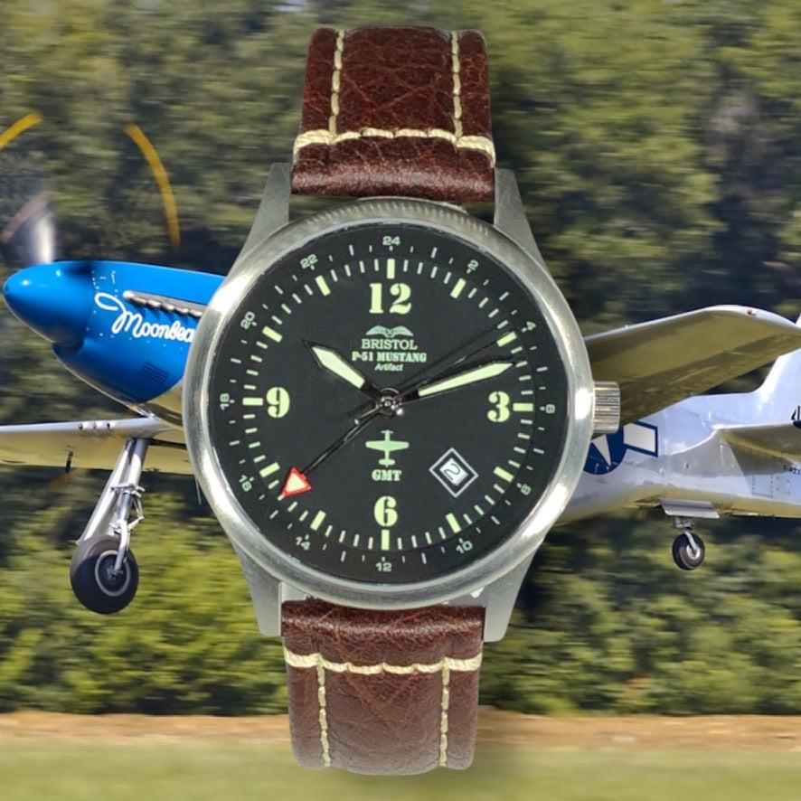 P-51 Mustang Tribute watch with stainless steel brush finish and brown leather band