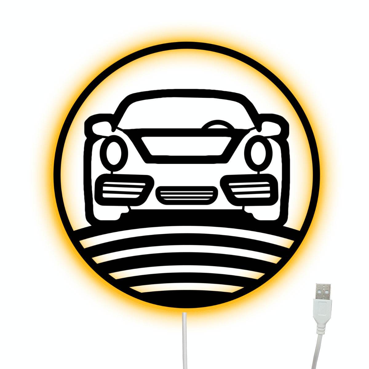 Nine Eleven metal wall art with LED backlight featuring precision laser-cut steel Porsche 911 front design and USB power cord