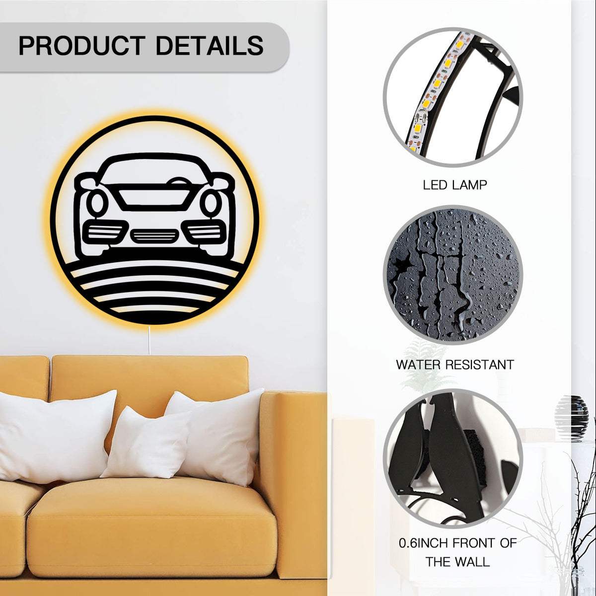 Nine Eleven metal wall art with LED backlight featuring a Porsche 911 front design, water-resistant steel, and 3D floating effect mounted above a yellow sofa.