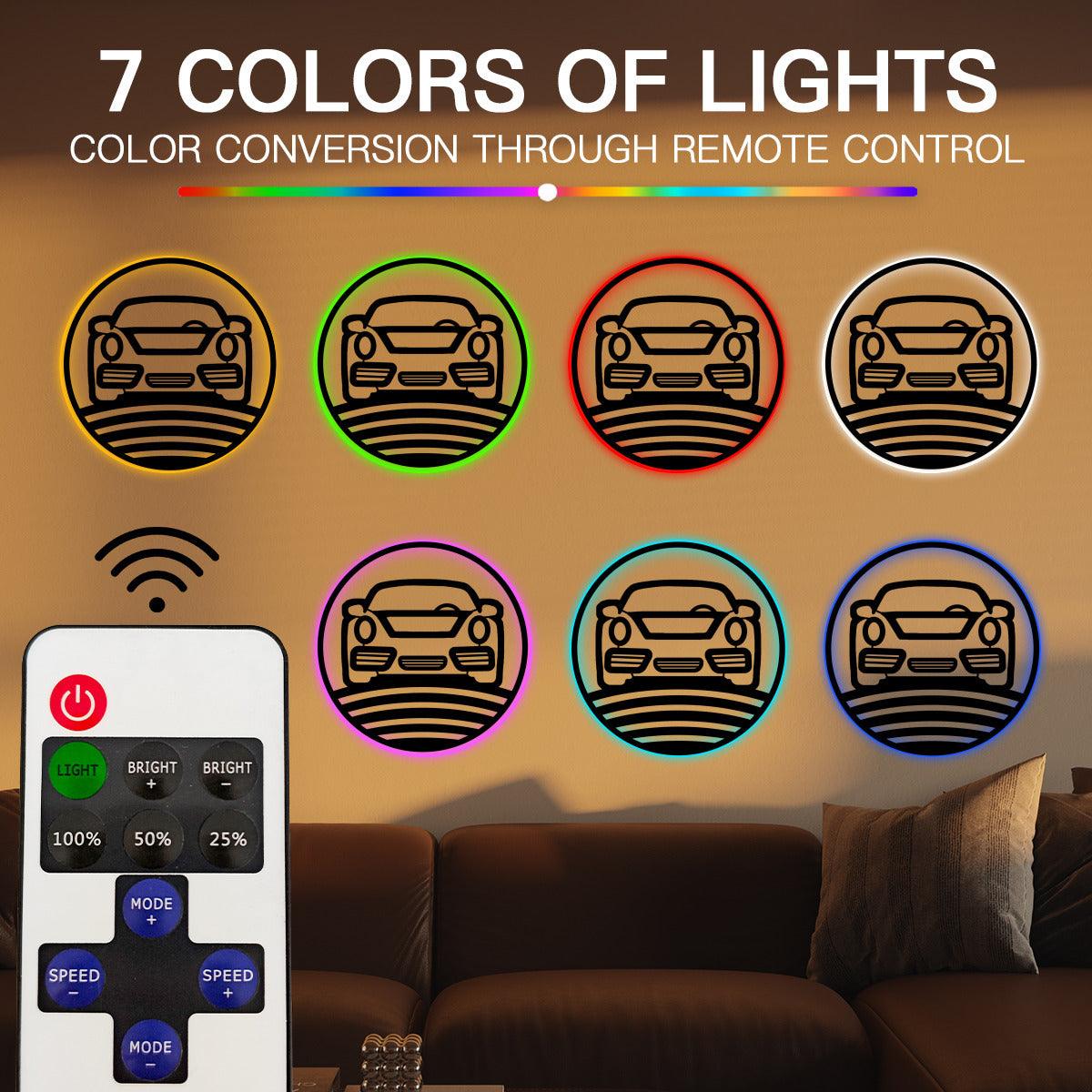 Nine Eleven metal wall art LED backlit car front grille in seven colors with remote control above brown sofa