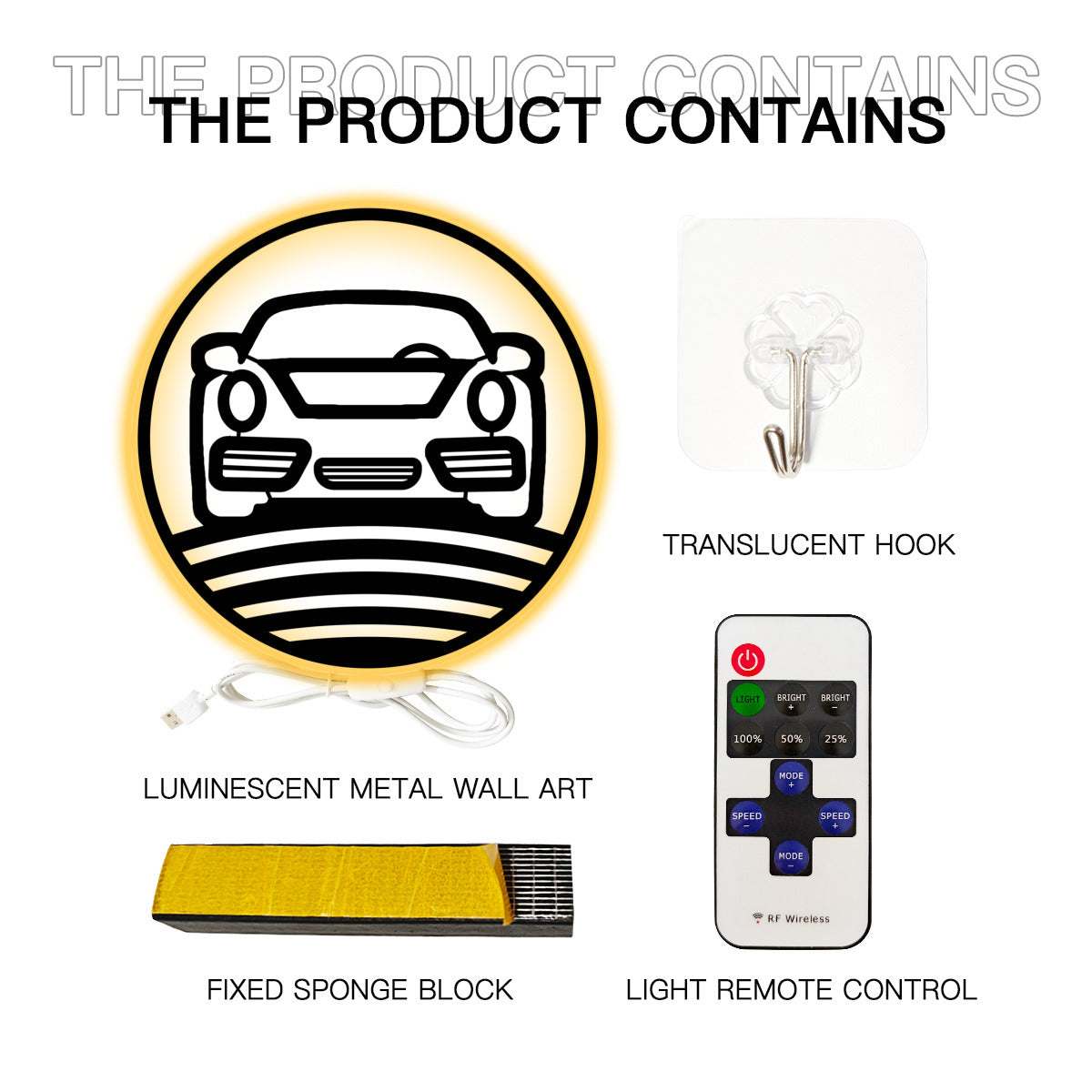 Nine Eleven metal wall art with LED backlight featuring Porsche 911 front design, remote control, and mounting accessories