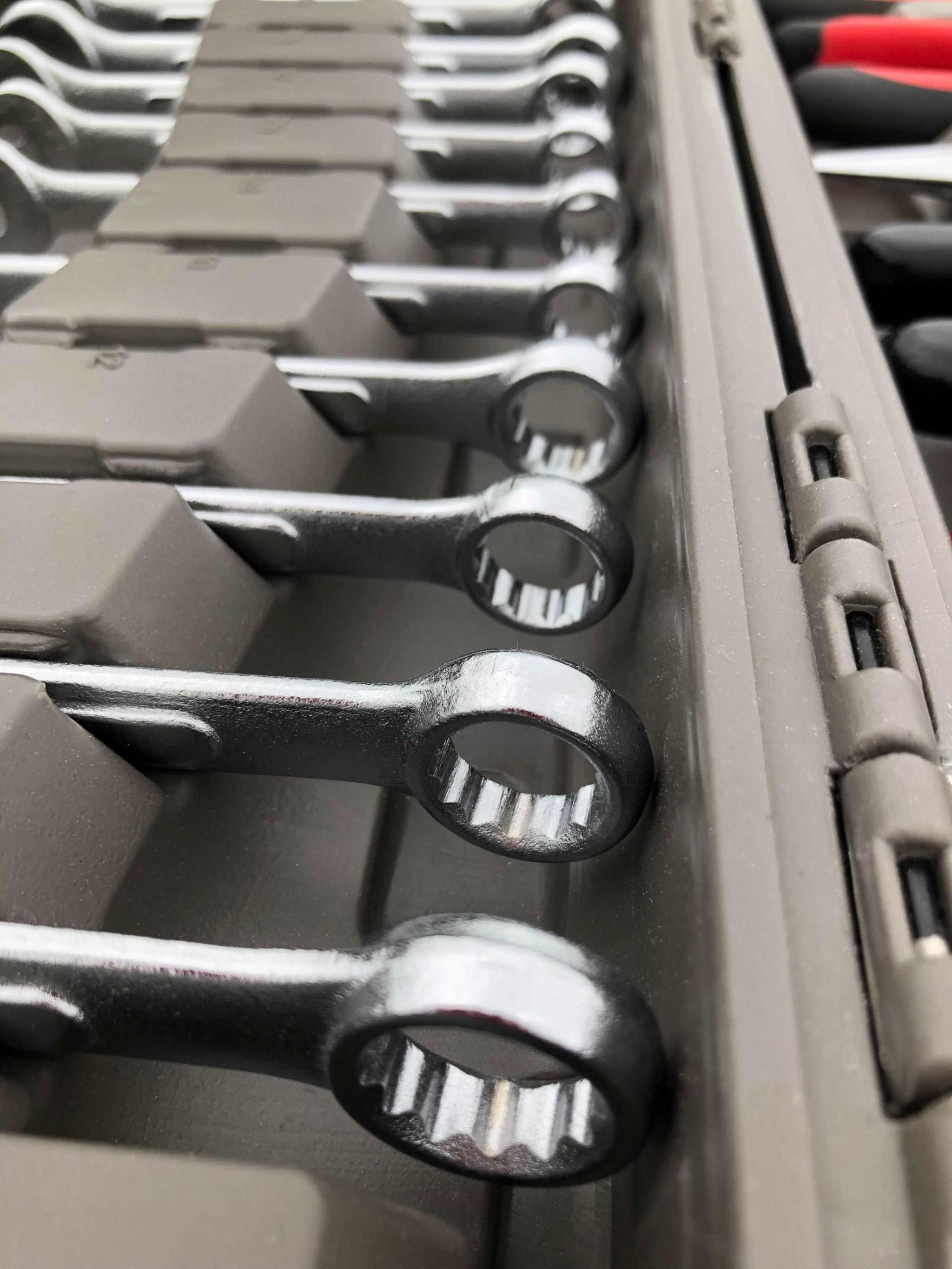 95 piece mechanics tool set with wrenches organized in compact carrying case for metric and SAE repairs