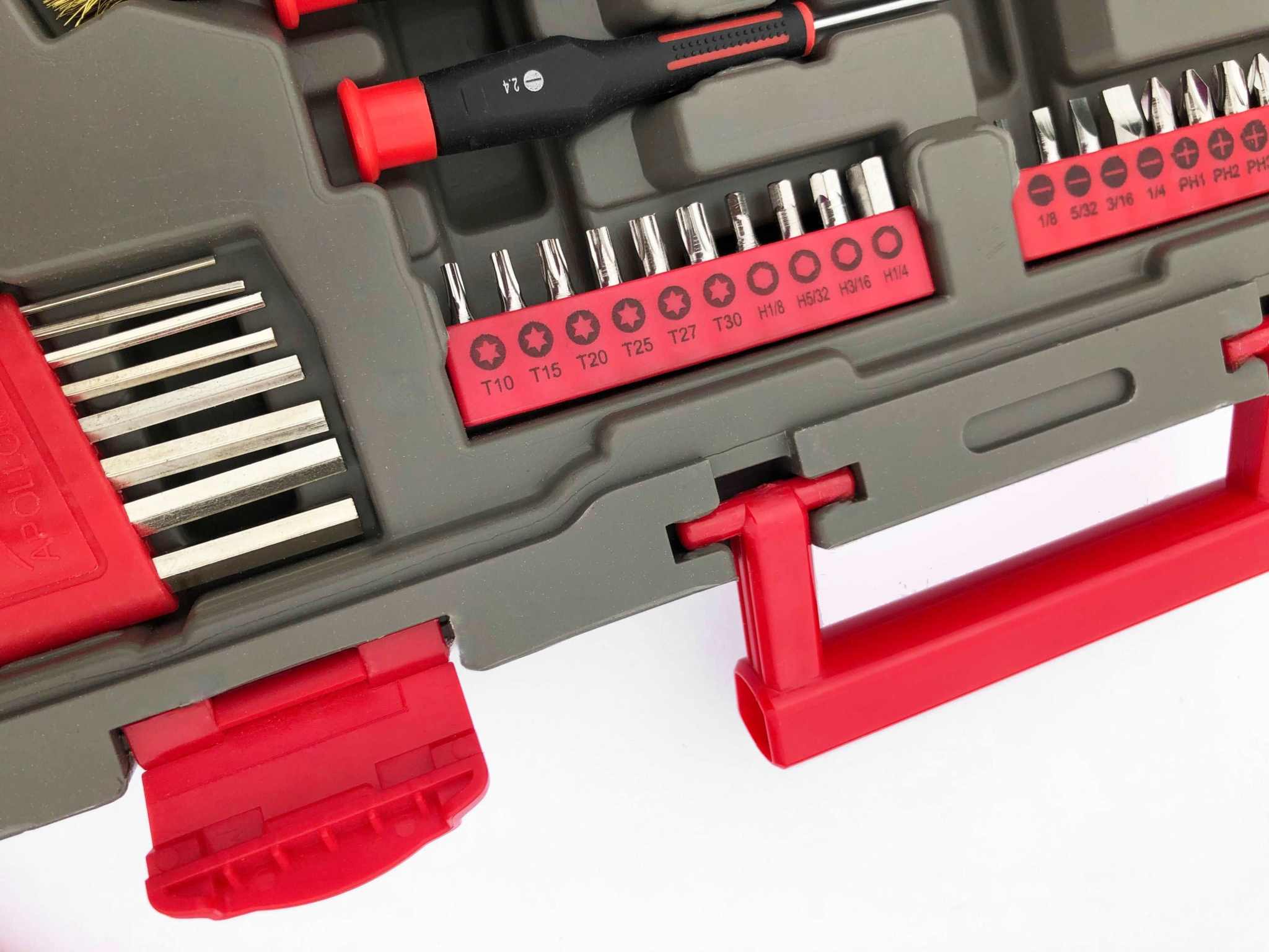 95 piece mechanics tool set with assorted sockets, wrenches, and pliers in a red and gray compact carrying case