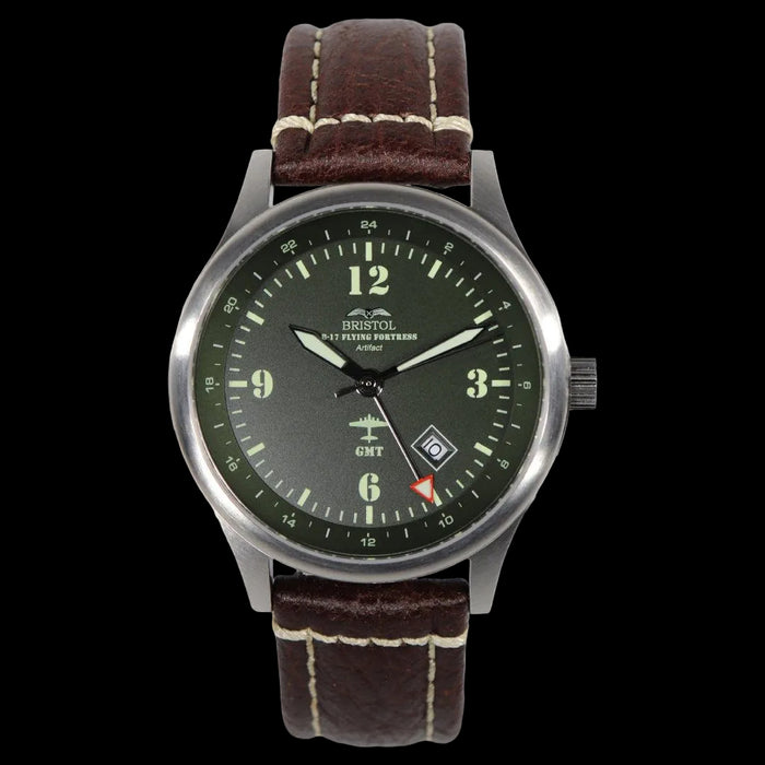 B-17 Tribute watch with dark green dial, stainless brush finish, and brown leather band