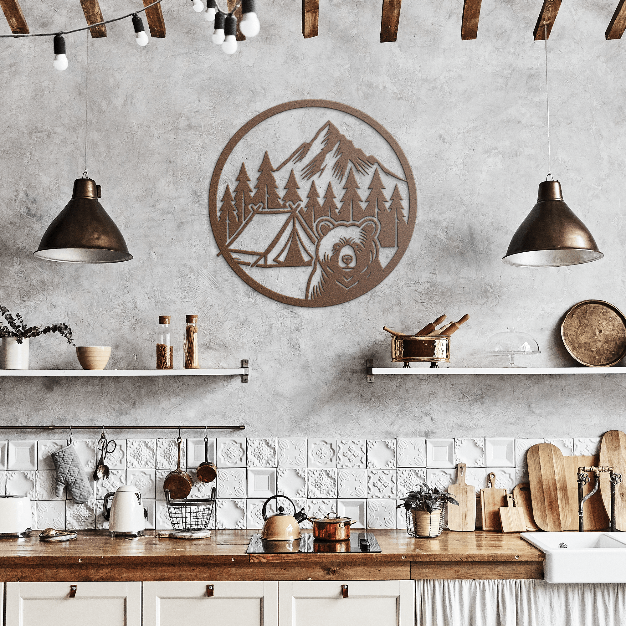 Rustic metal wall art featuring bear camping scene with mountains and trees in circular design for indoor or outdoor decor
