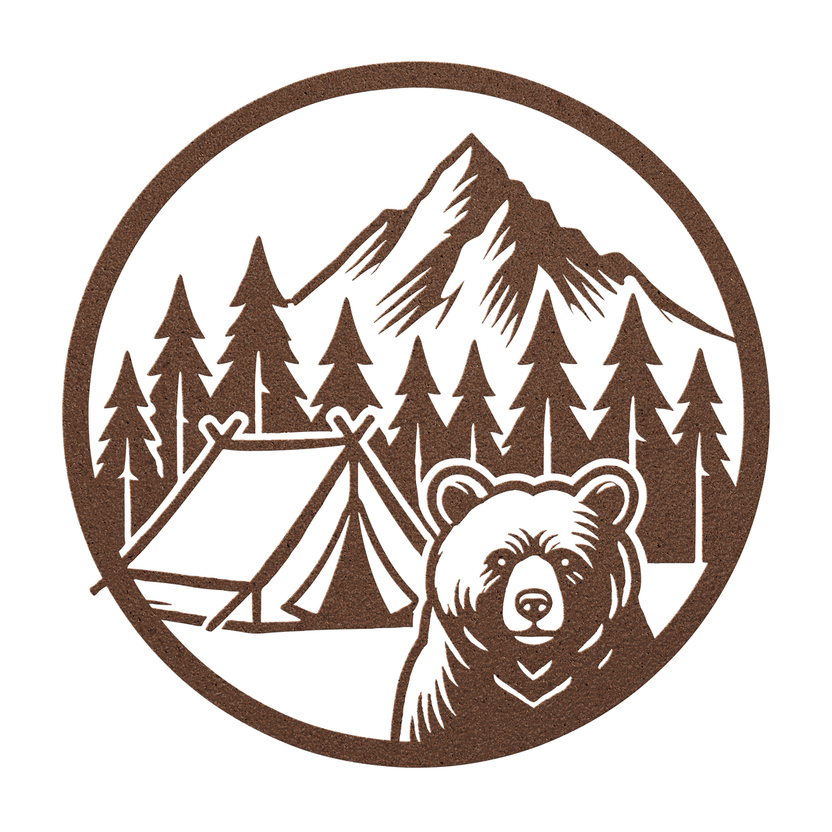 Rustic metal wall art featuring a bear, camping tent, trees, and mountains in a circular design