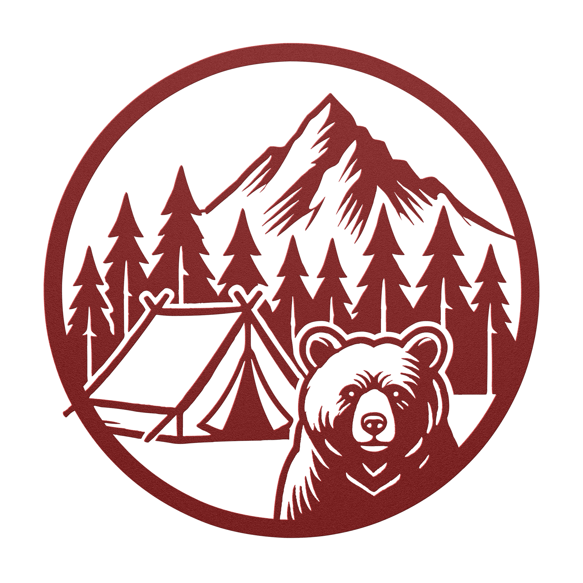 Bear camping metal wall art featuring a bear, tent, and mountains, perfect for outdoor decor.