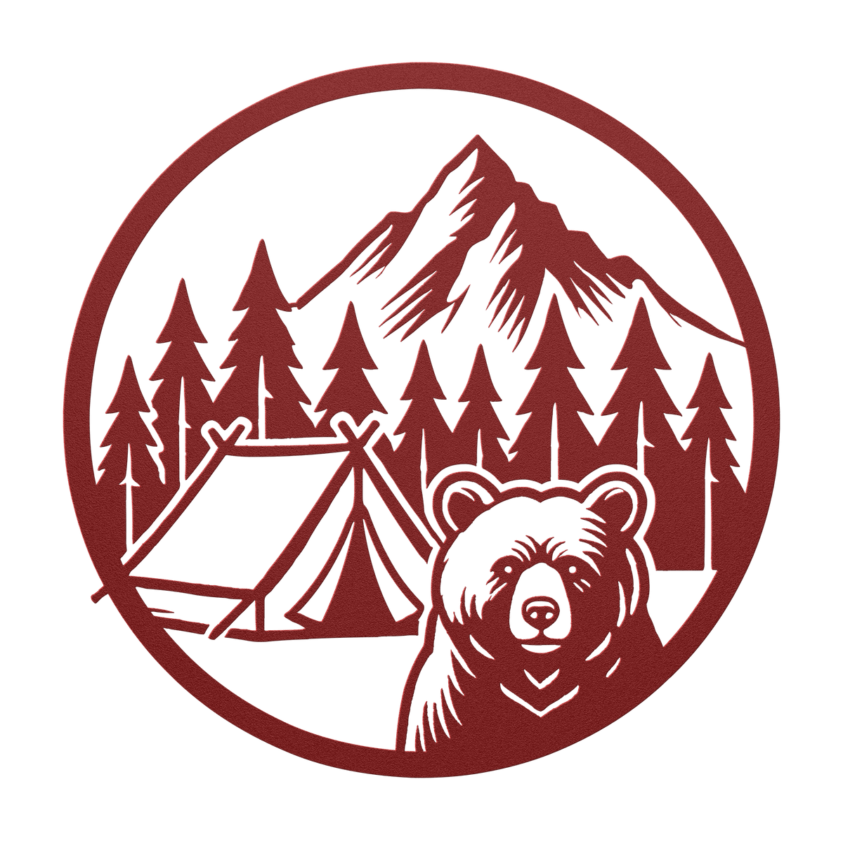Red metal wall art featuring a bear and camping scene with trees and mountains in a rustic outdoor design