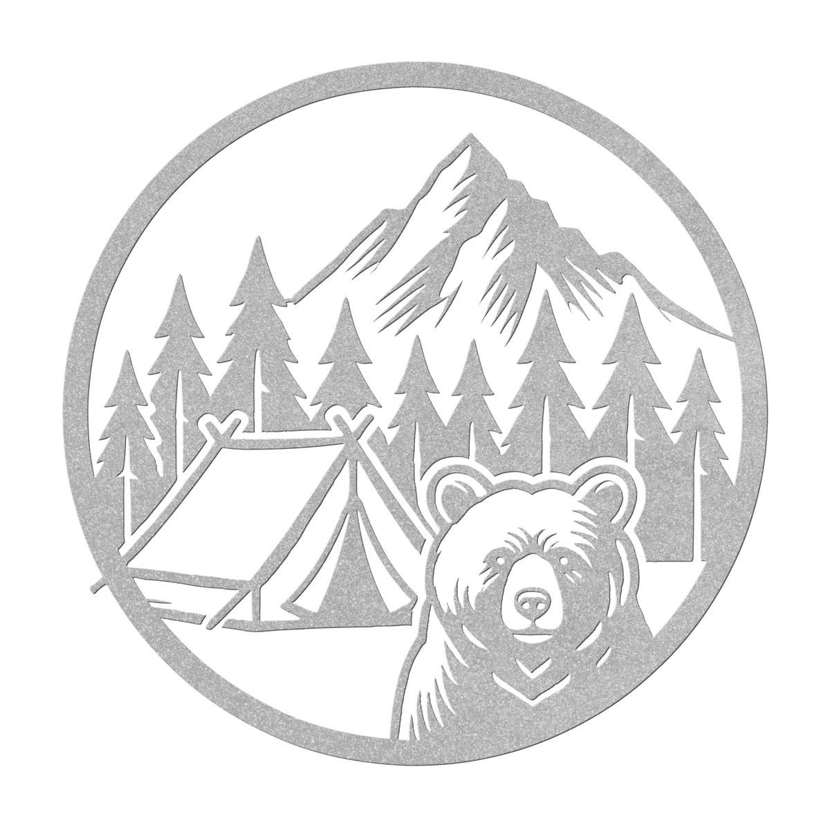 Metal wall art featuring bear, camping tent, trees, and mountain wilderness design in rustic style