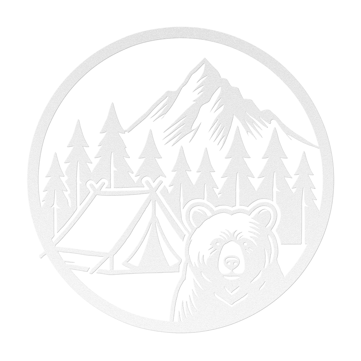 Metal wall art featuring a bear, camping tent, pine trees, and mountain design in rustic wilderness style