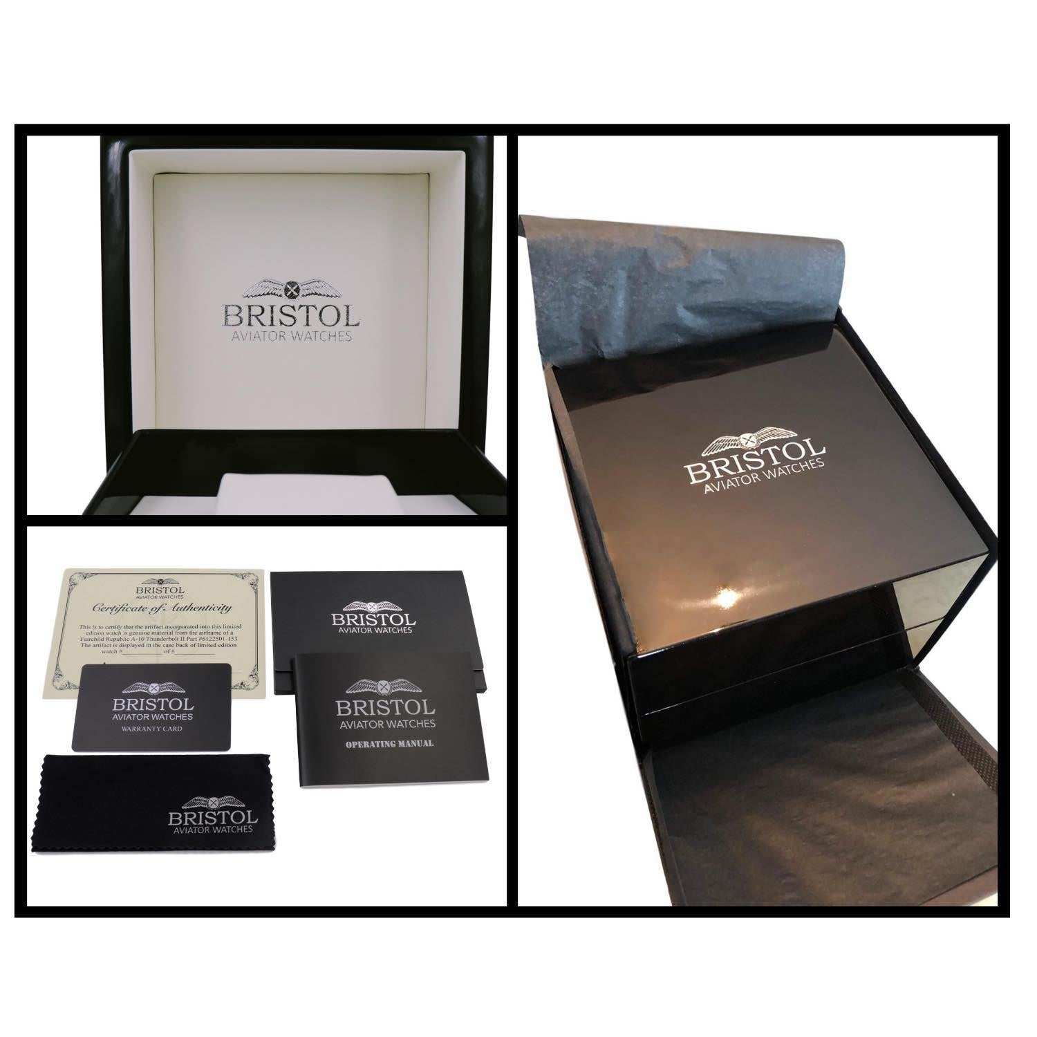 A-10 Thunderbolt tribute watch packaging with certificate and manuals in black Bristol Aviator Boxes