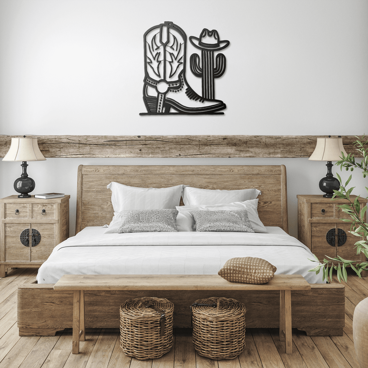 Metal cowboy boot and cactus wall art above rustic wooden bed in cozy bedroom