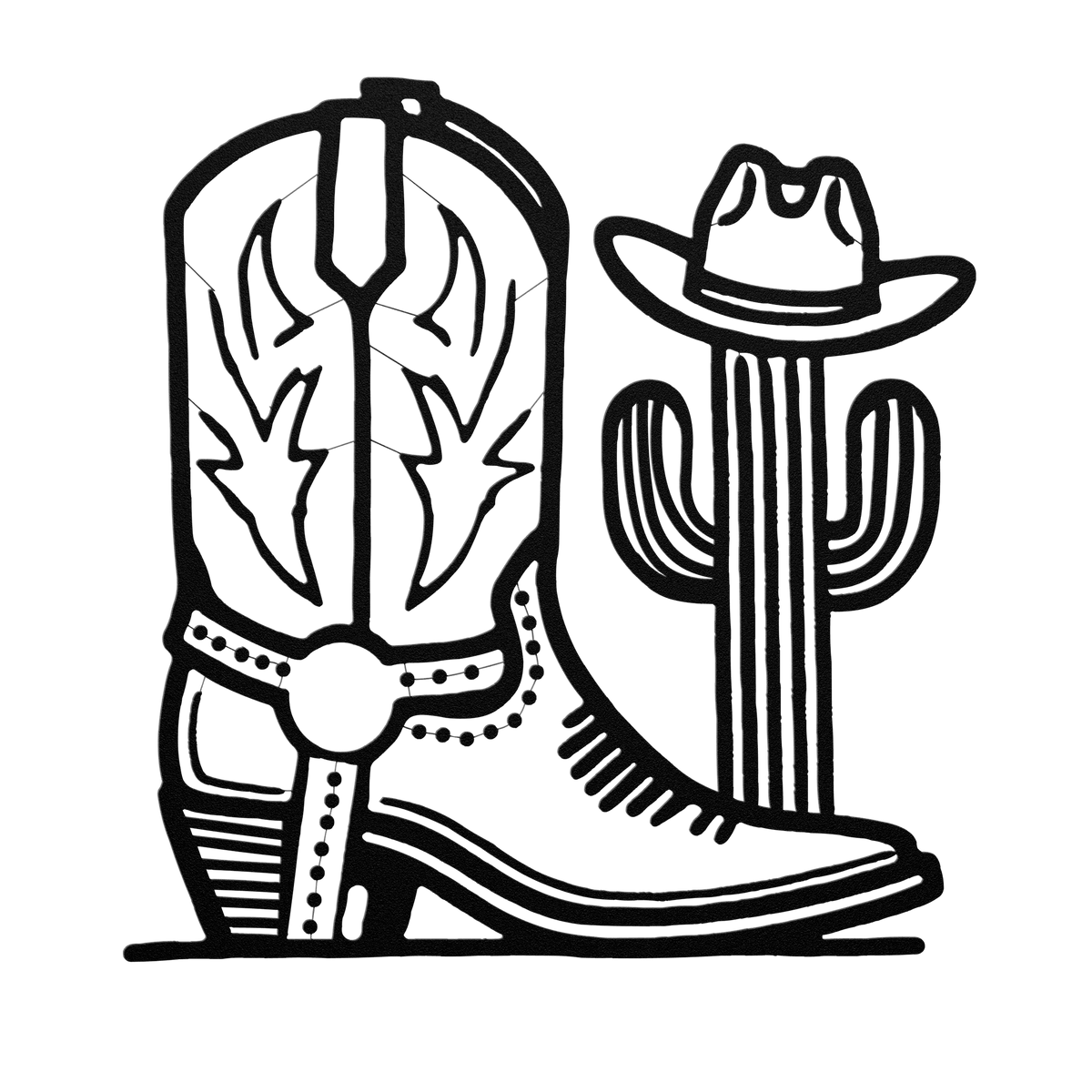 Metal wall art of a cowboy boot and cactus with a hat in black outline.