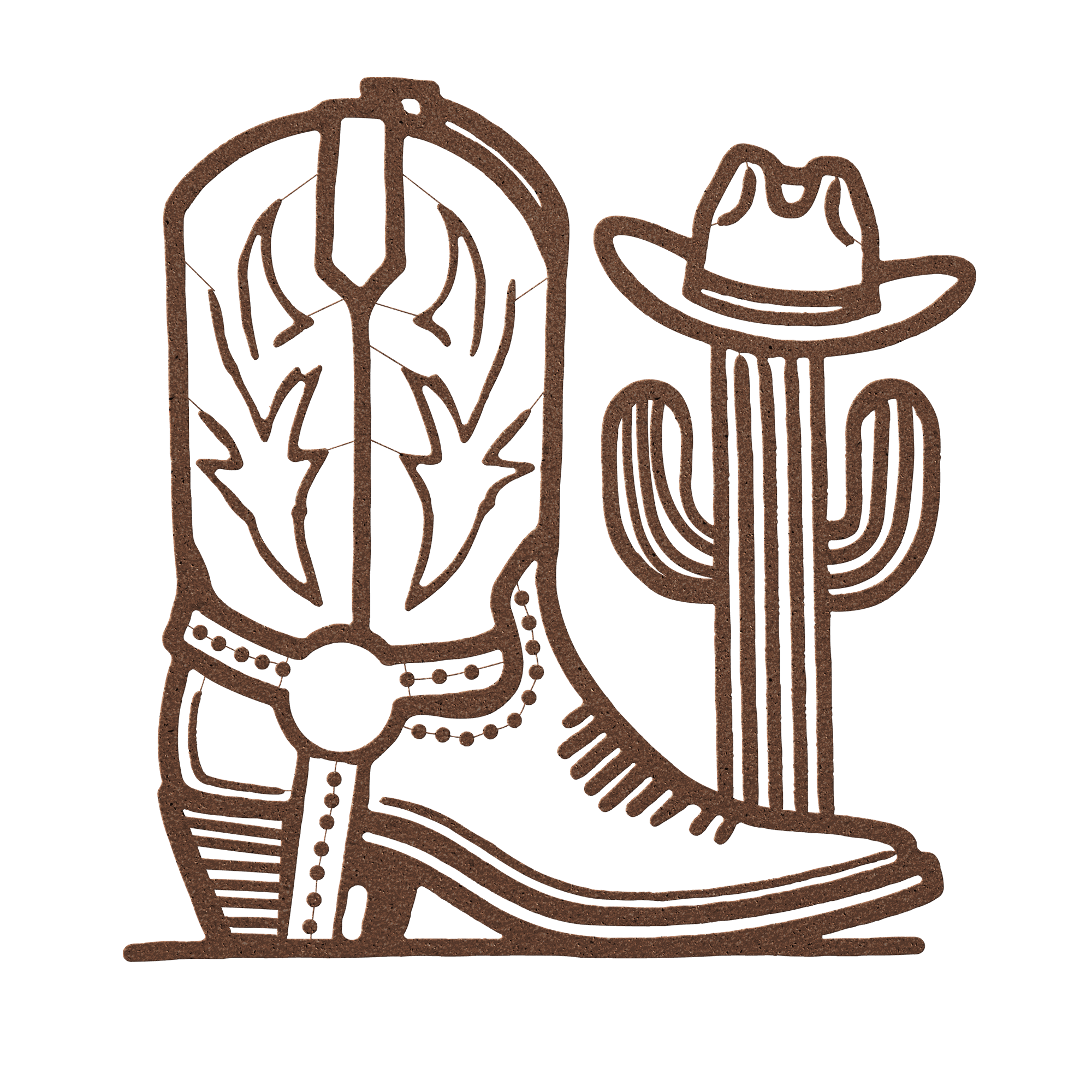 Western cowboy boot and cactus metal wall art cut from 18-gauge steel, rustic western decor