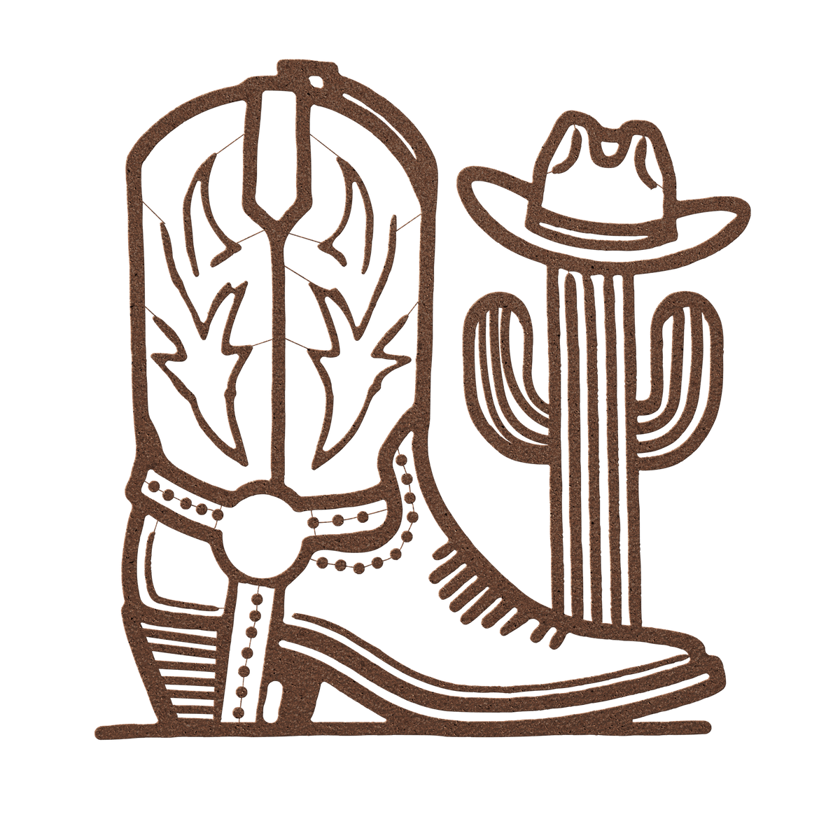 Rustic metal wall art featuring a cowboy boot and cactus with a cowboy hat, western decor.