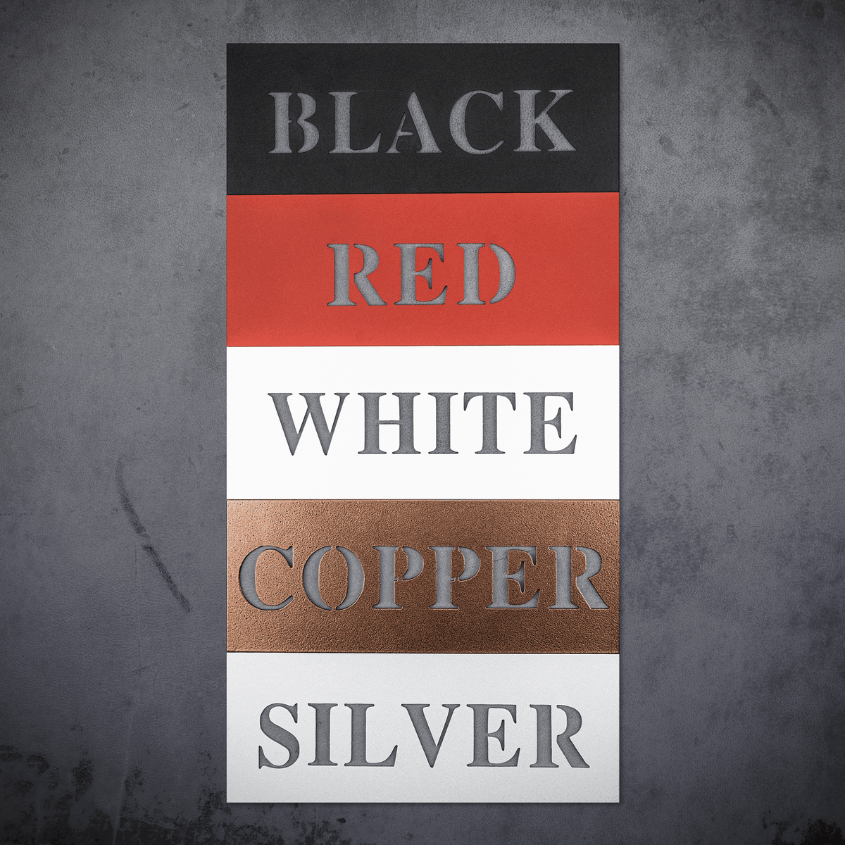 Metal Wall Art color options sample showing black, red, white, copper, and silver finishes.