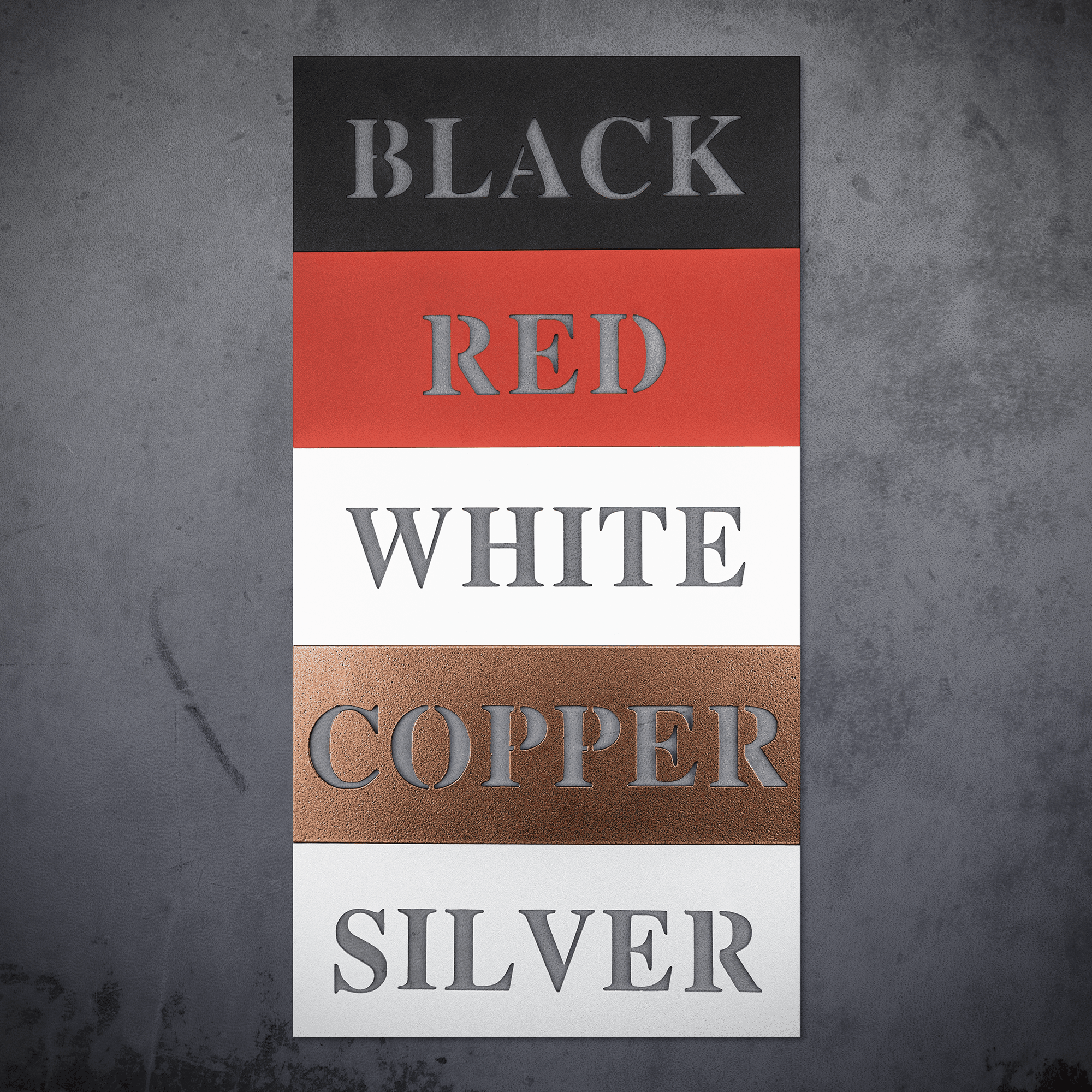 Metal Wall Art color options sample showing black, red, white, copper, and silver finishes.